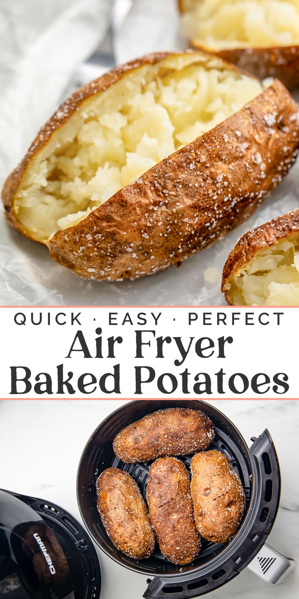 Pin graphic for air fryer baked potatoes.