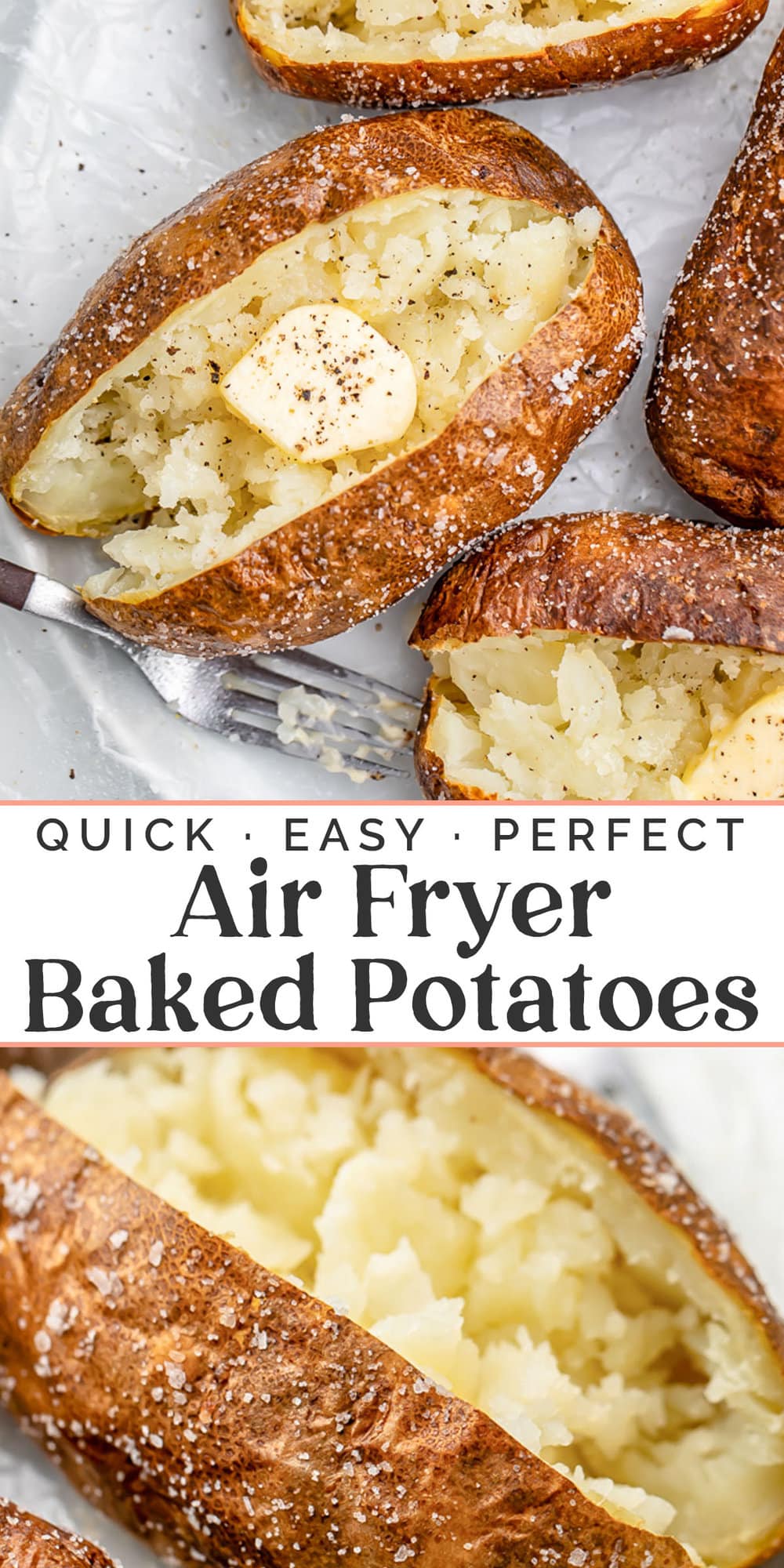 Pin graphic for air fryer baked potatoes.