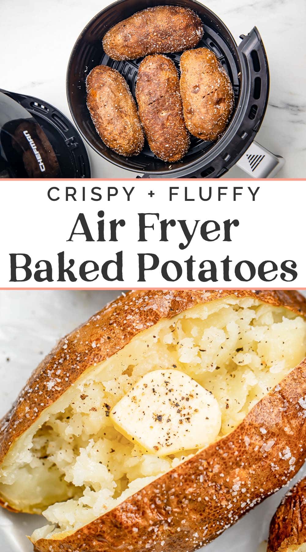 Pin graphic for air fryer baked potatoes.