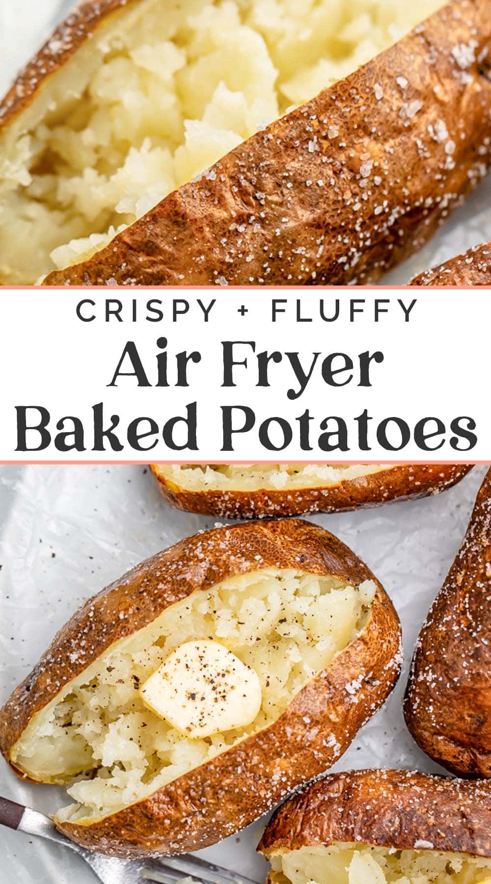 Pin graphic for air fryer baked potatoes.