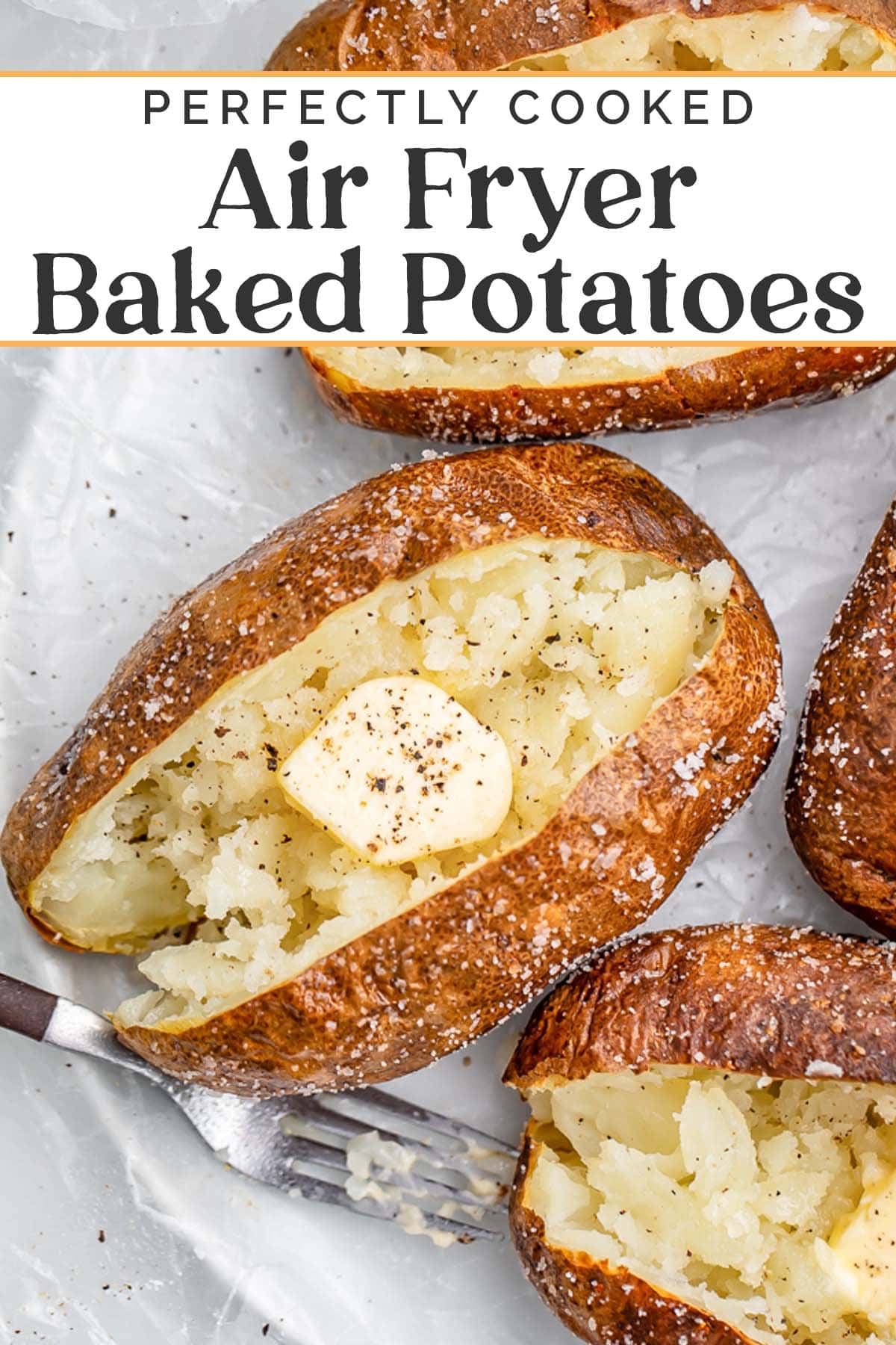 Pin graphic for air fryer baked potatoes.