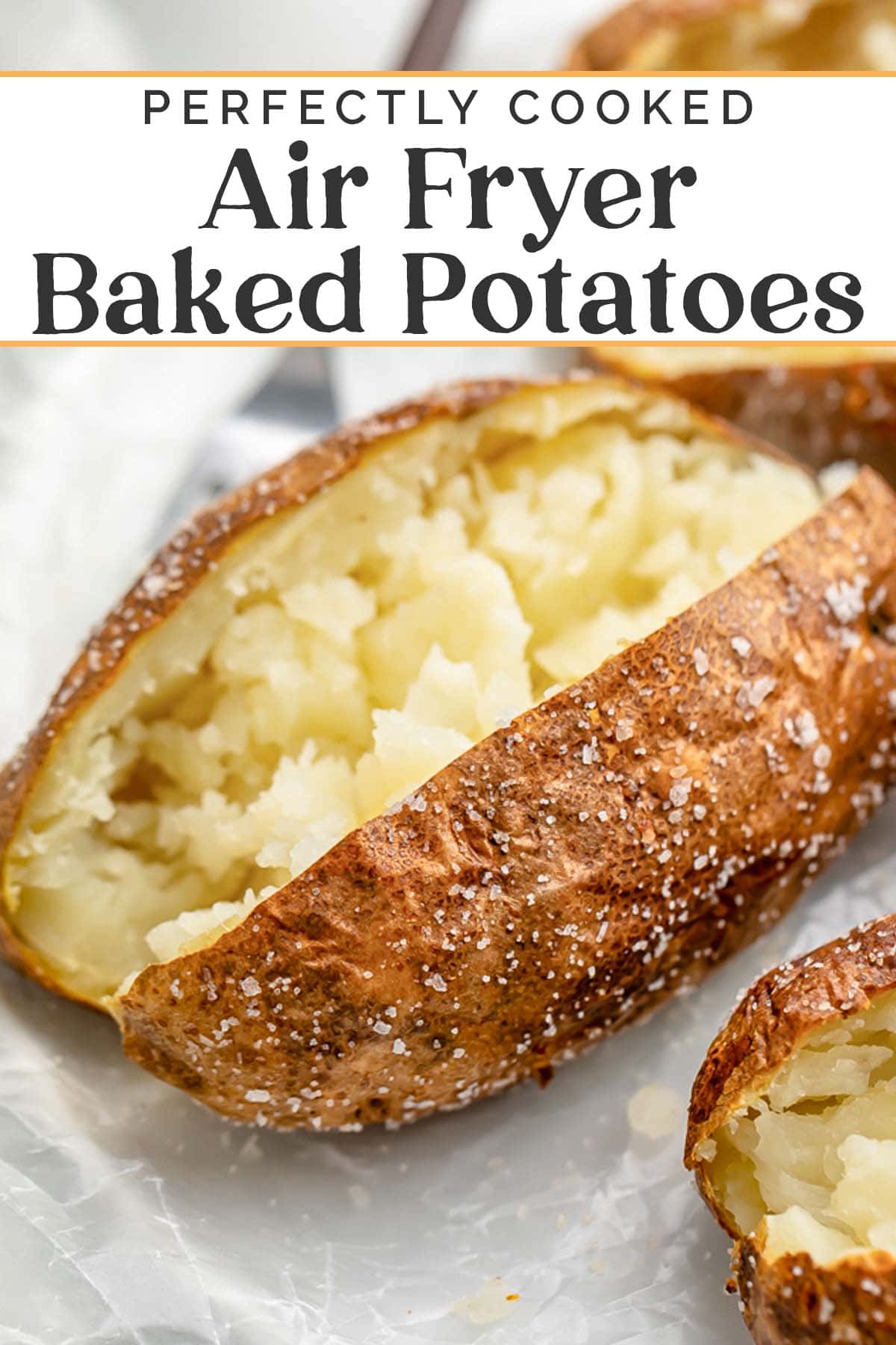 Pin graphic for air fryer baked potatoes.