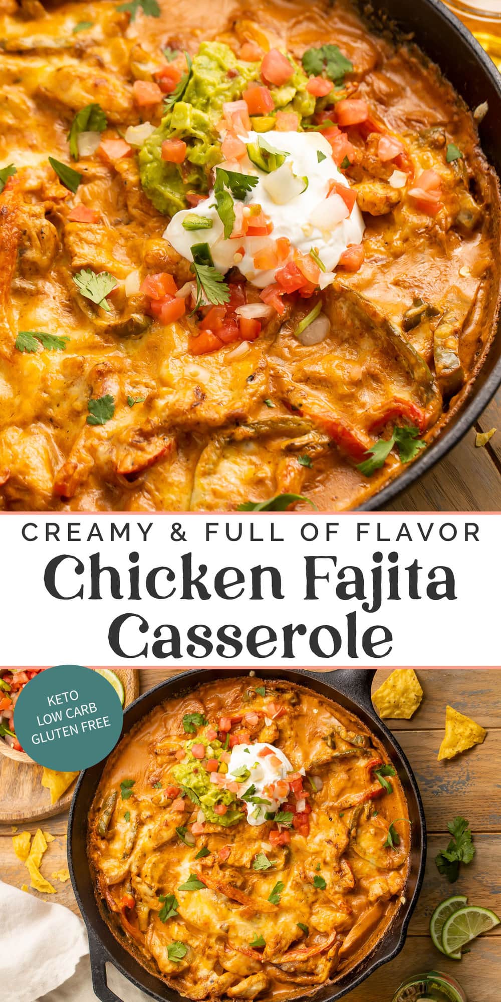 Pin graphic for chicken fajita casserole.