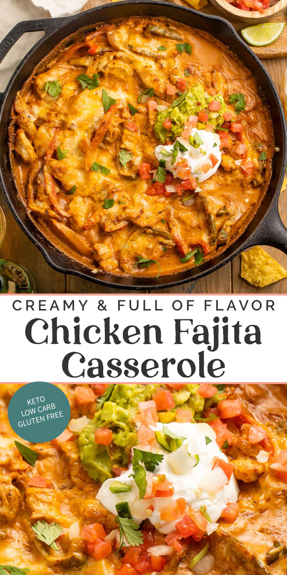 Pin graphic for chicken fajita casserole.