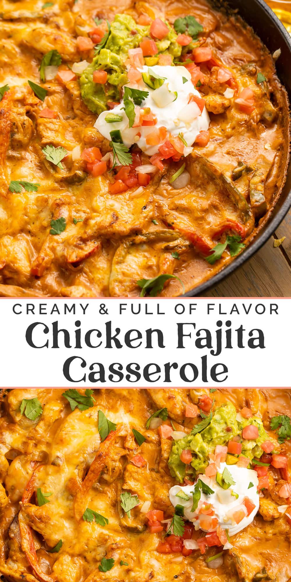 Pin graphic for chicken fajita casserole.