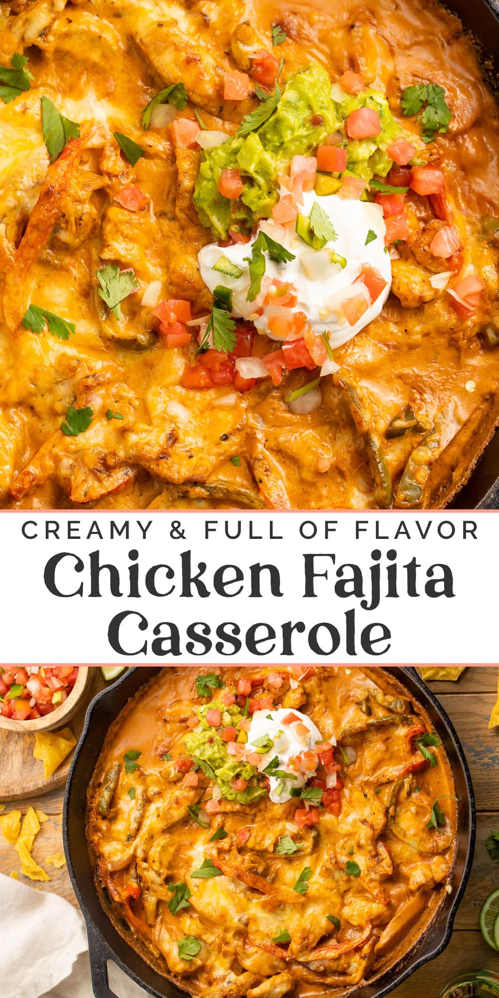 Pin graphic for chicken fajita casserole.