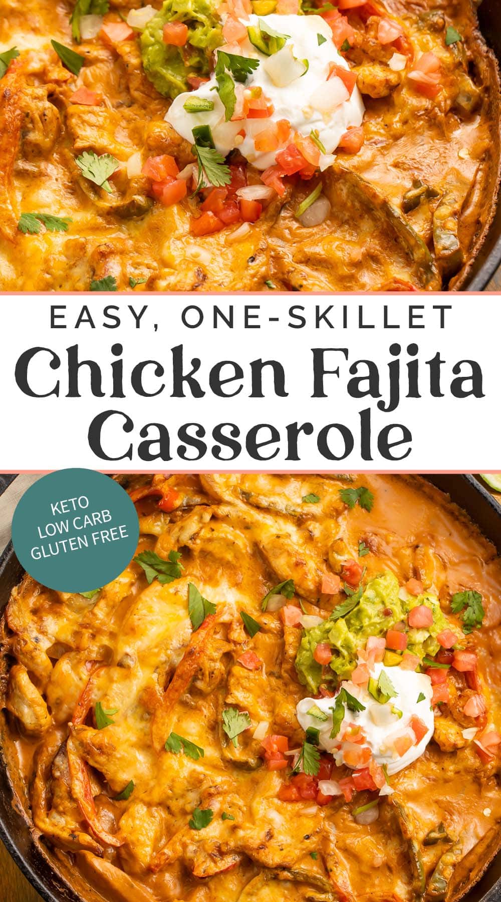 Pin graphic for chicken fajita casserole.