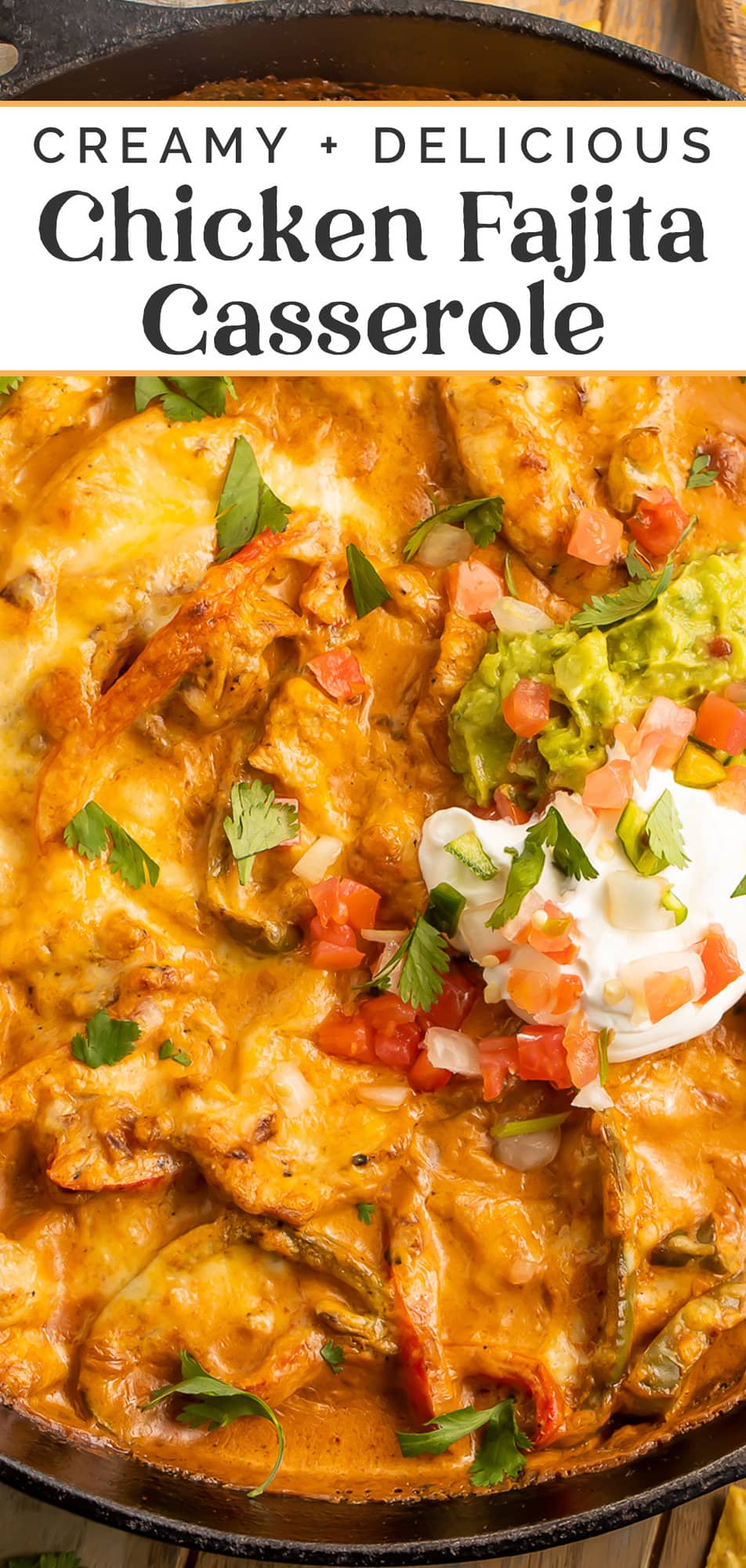 Pin graphic for chicken fajita casserole.