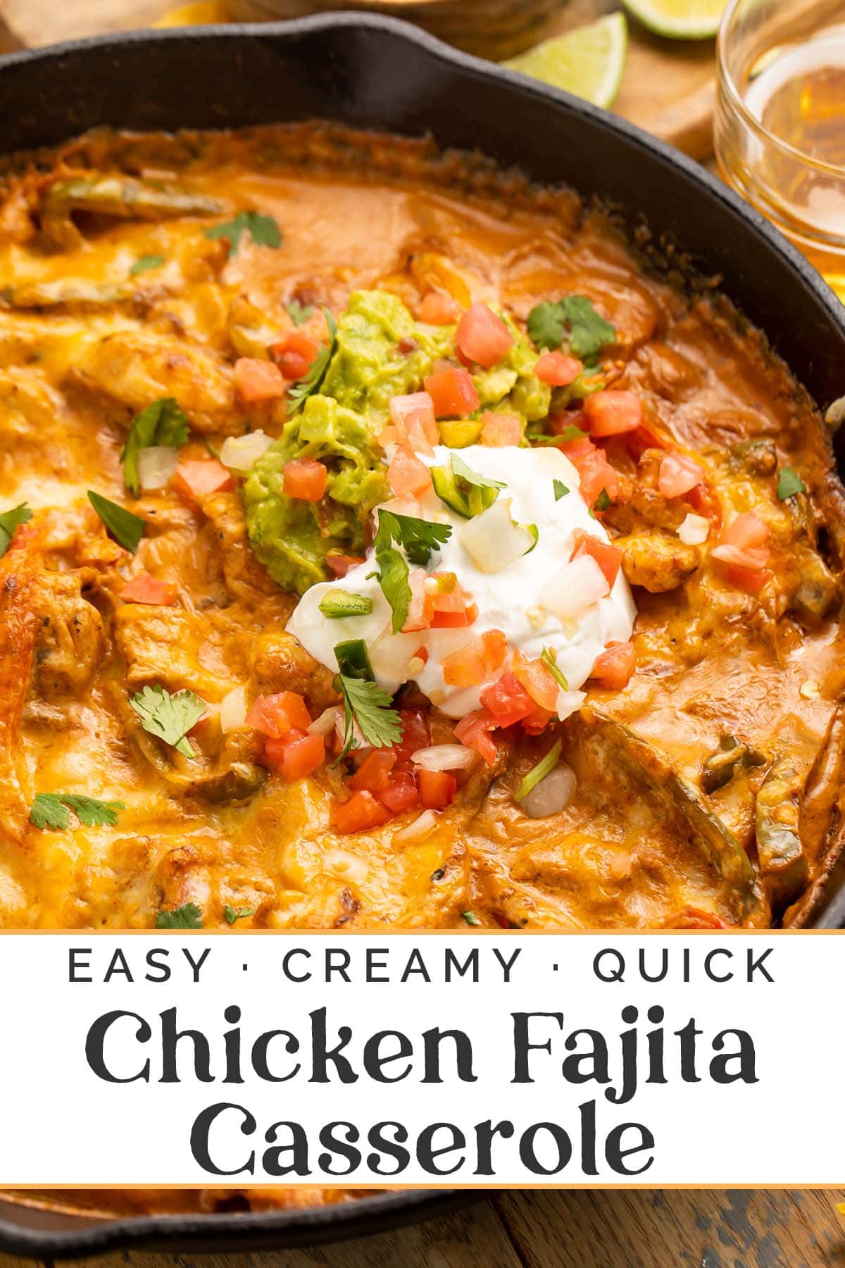 Pin graphic for chicken fajita casserole.