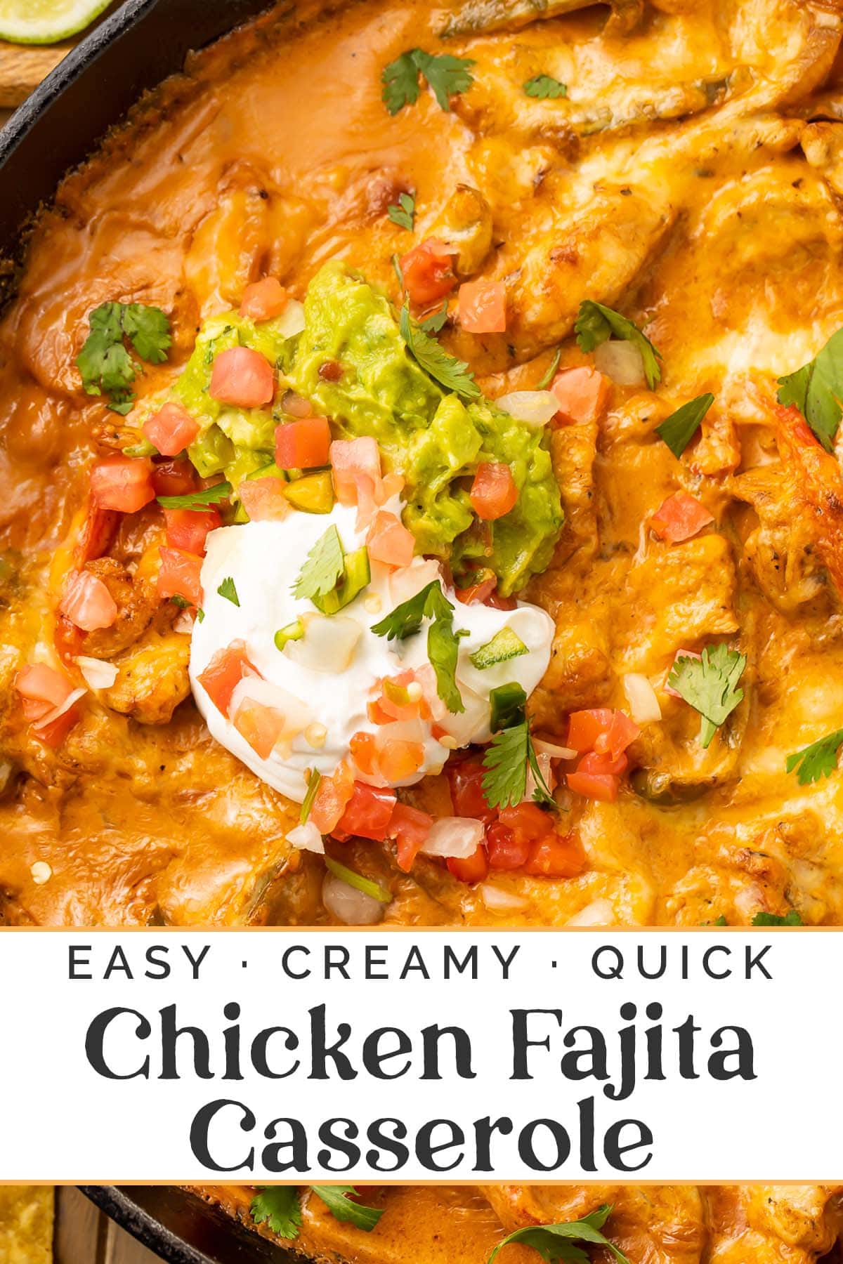 Pin graphic for chicken fajita casserole.