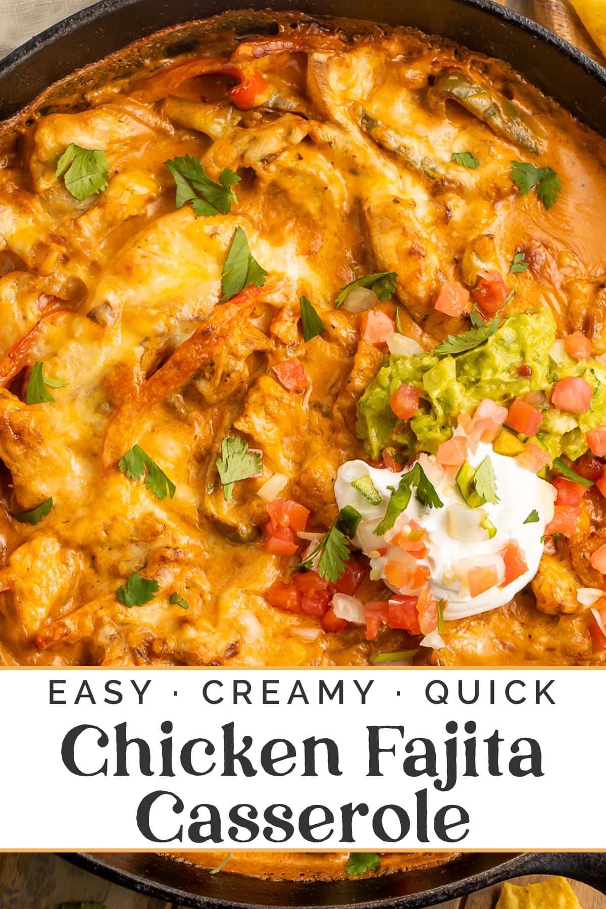 Pin graphic for chicken fajita casserole.