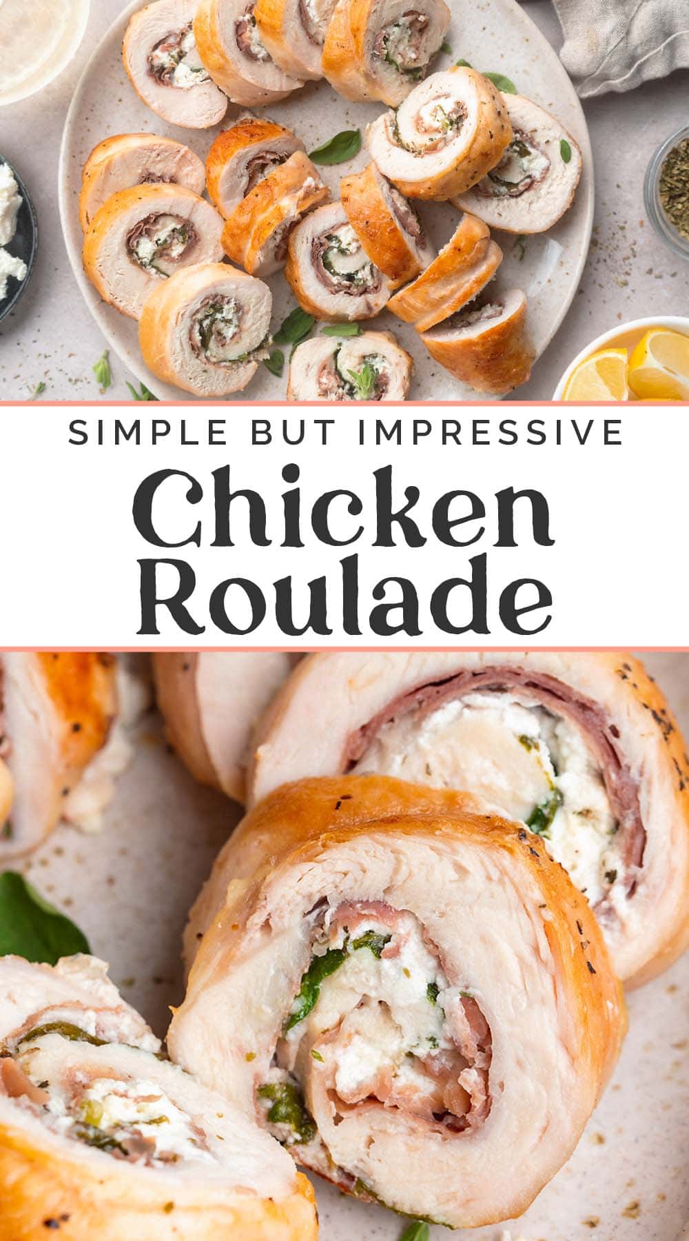 Pin graphic for chicken roulade.