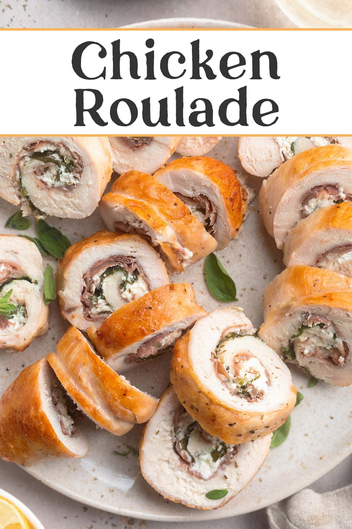 Pin graphic for chicken roulade.