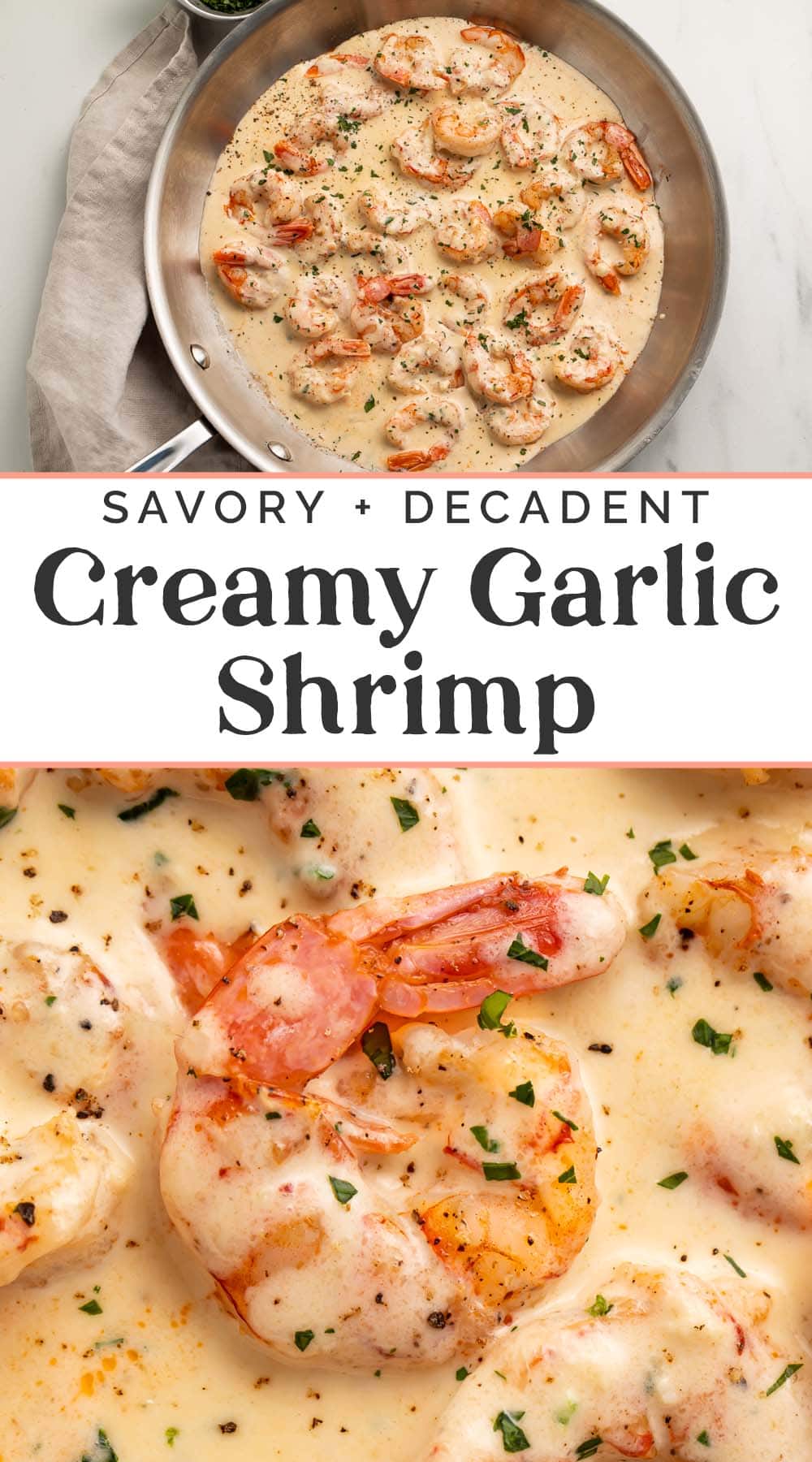 Pin graphic for creamy garlic shrimp.