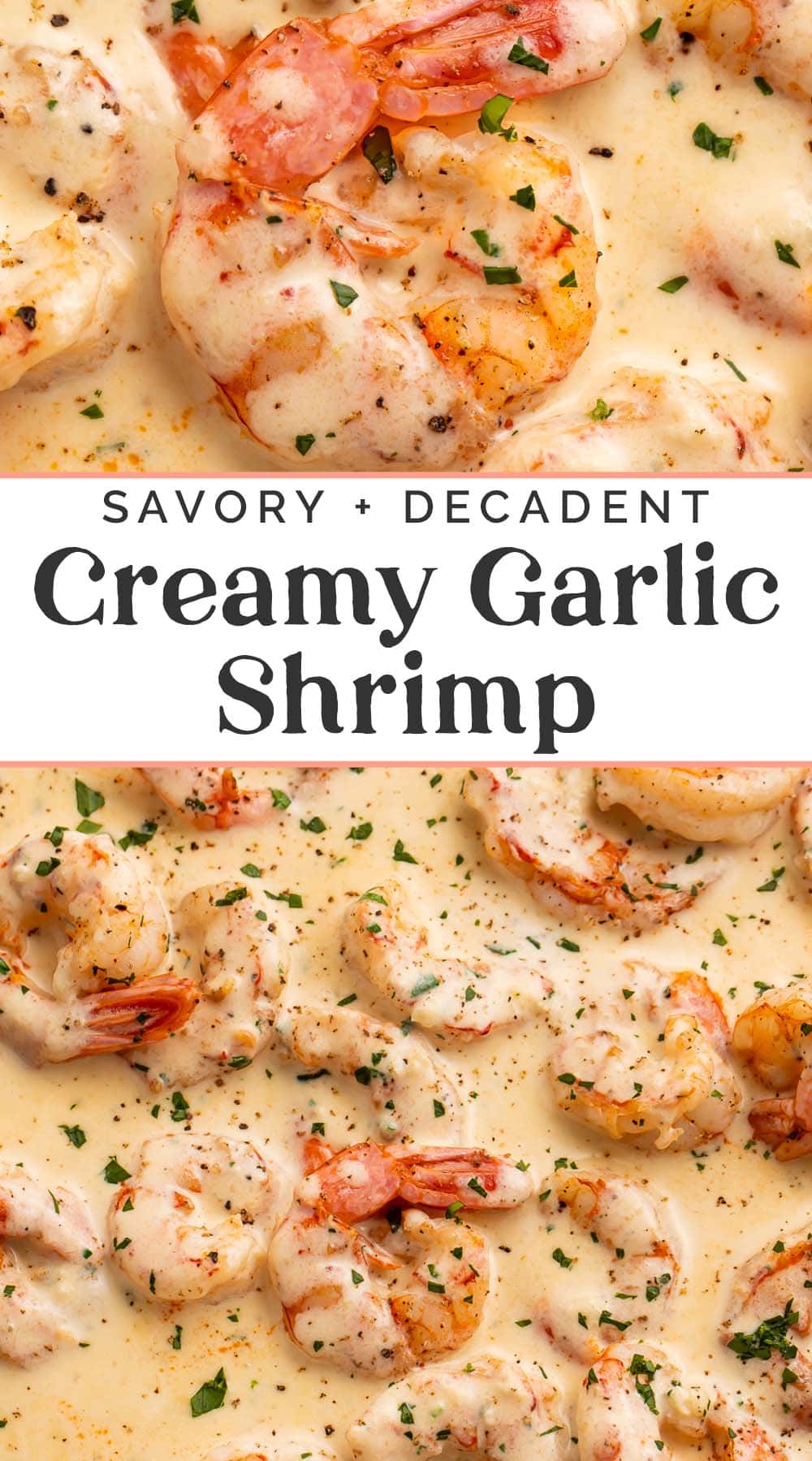 Pin graphic for creamy garlic shrimp.