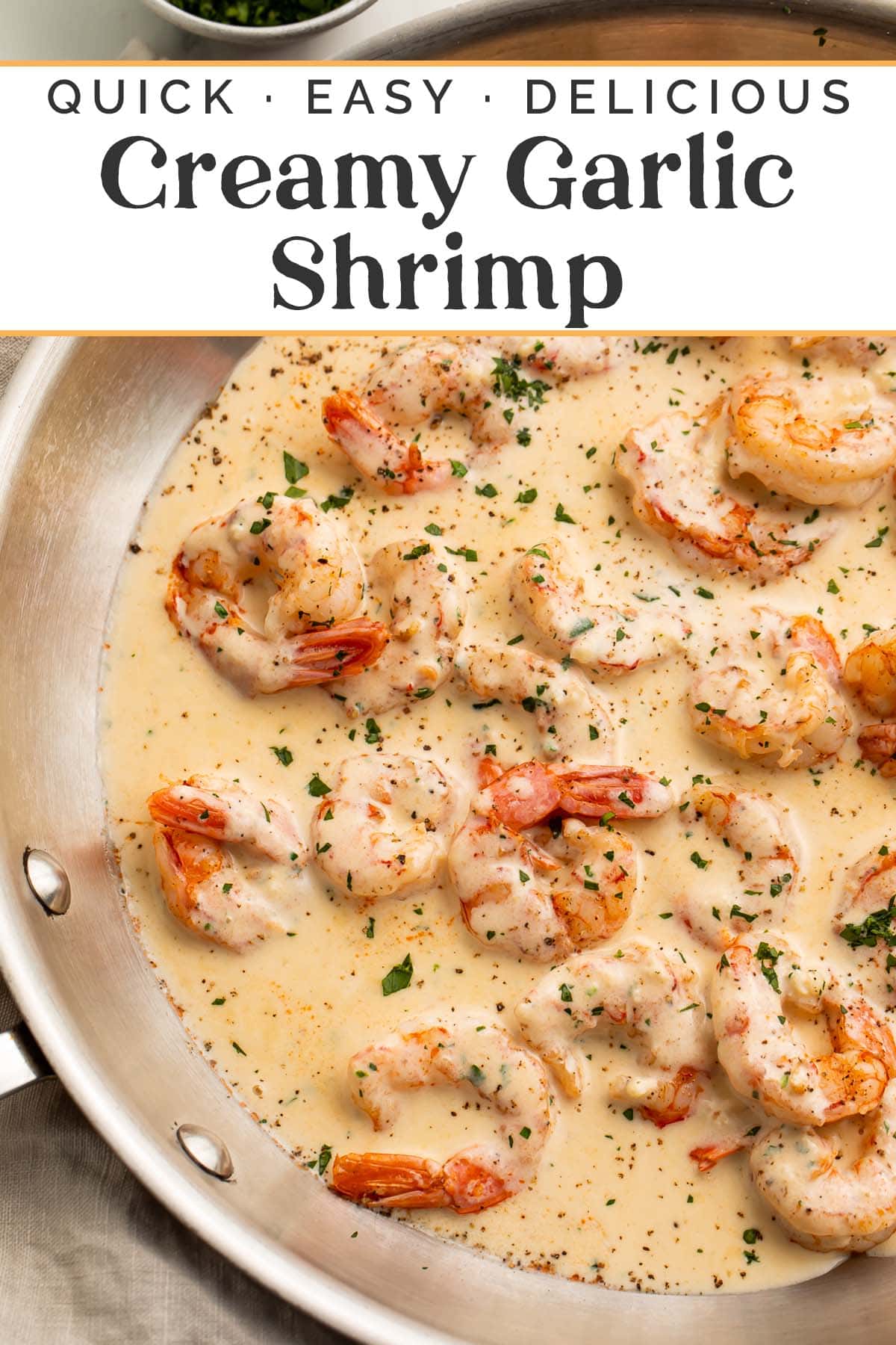 Pin graphic for creamy garlic shrimp.