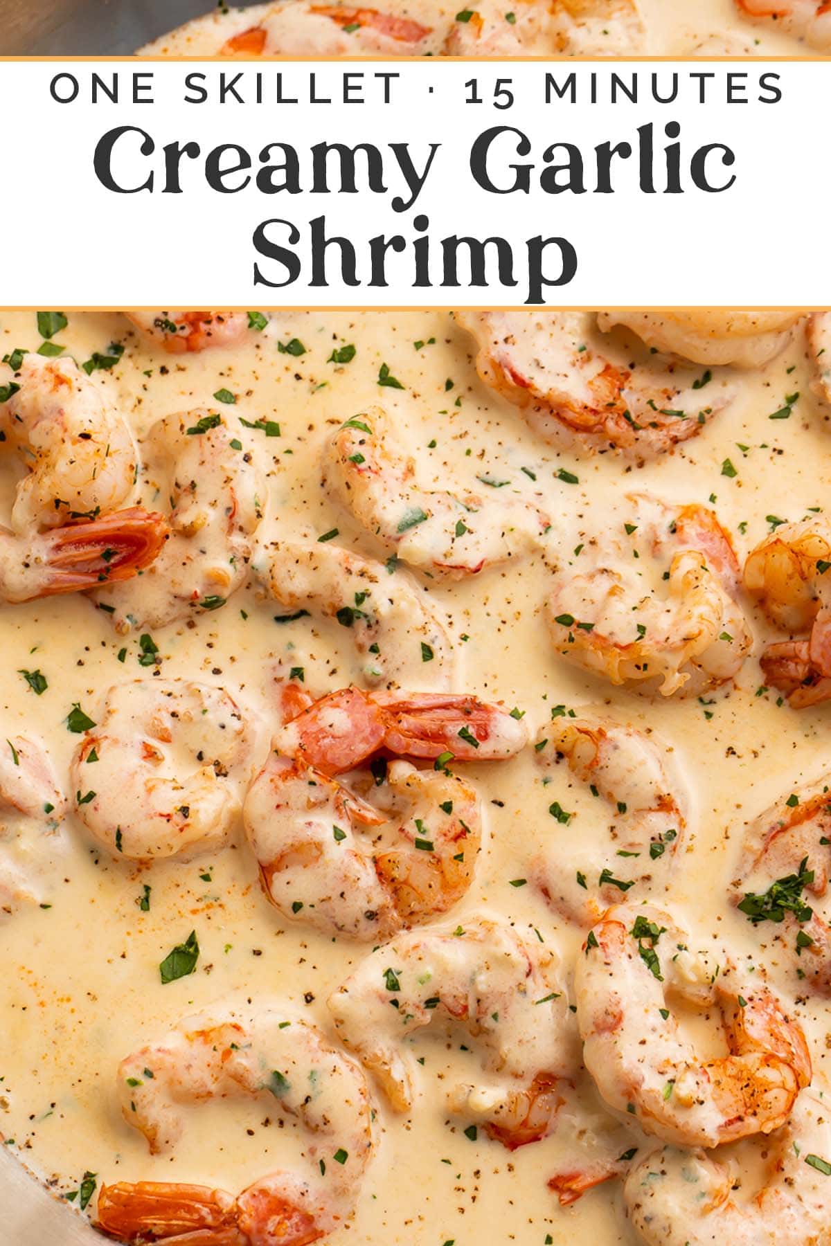 Pin graphic for creamy garlic shrimp.