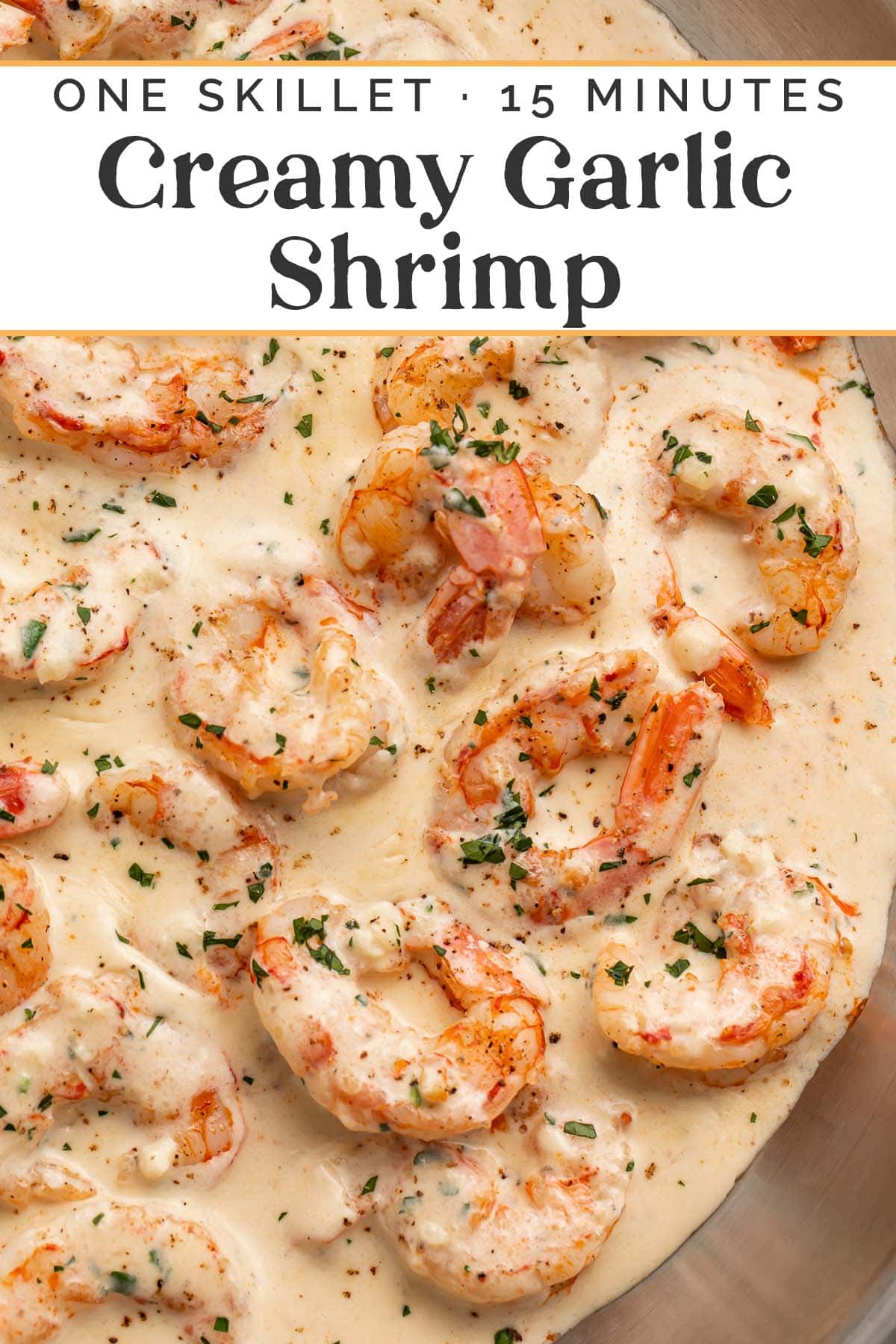 Pin graphic for creamy garlic shrimp.