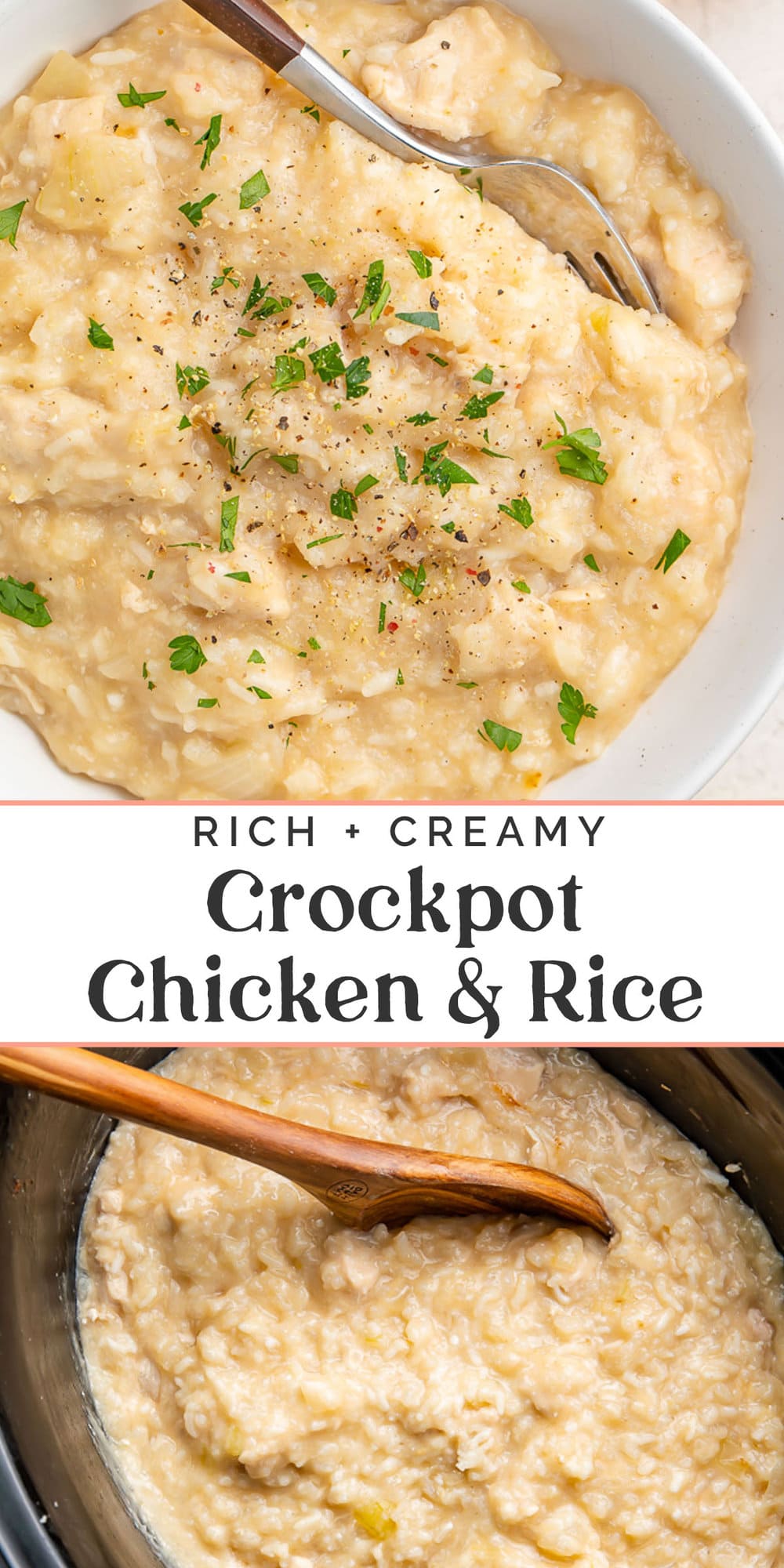 Pin graphic for Crockpot chicken and rice.