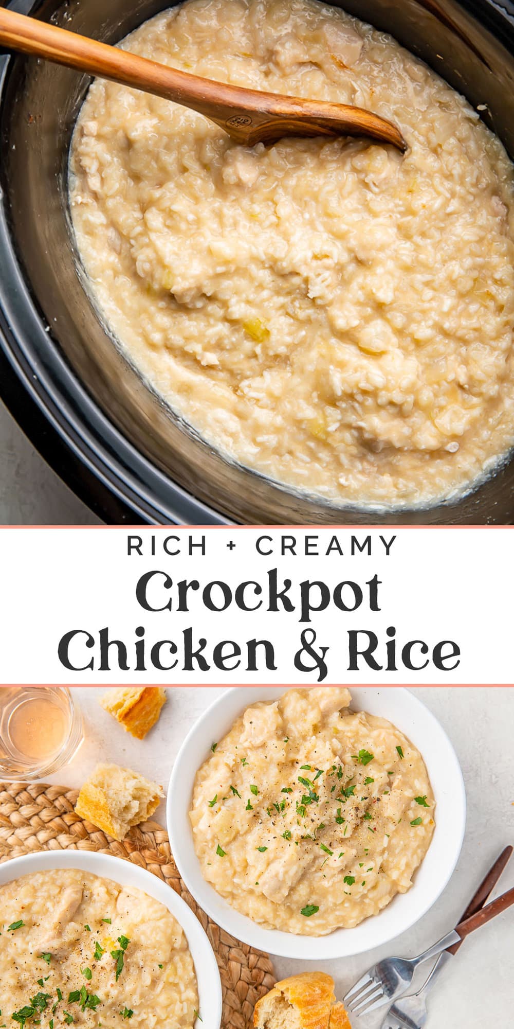 Pin graphic for Crockpot chicken and rice.