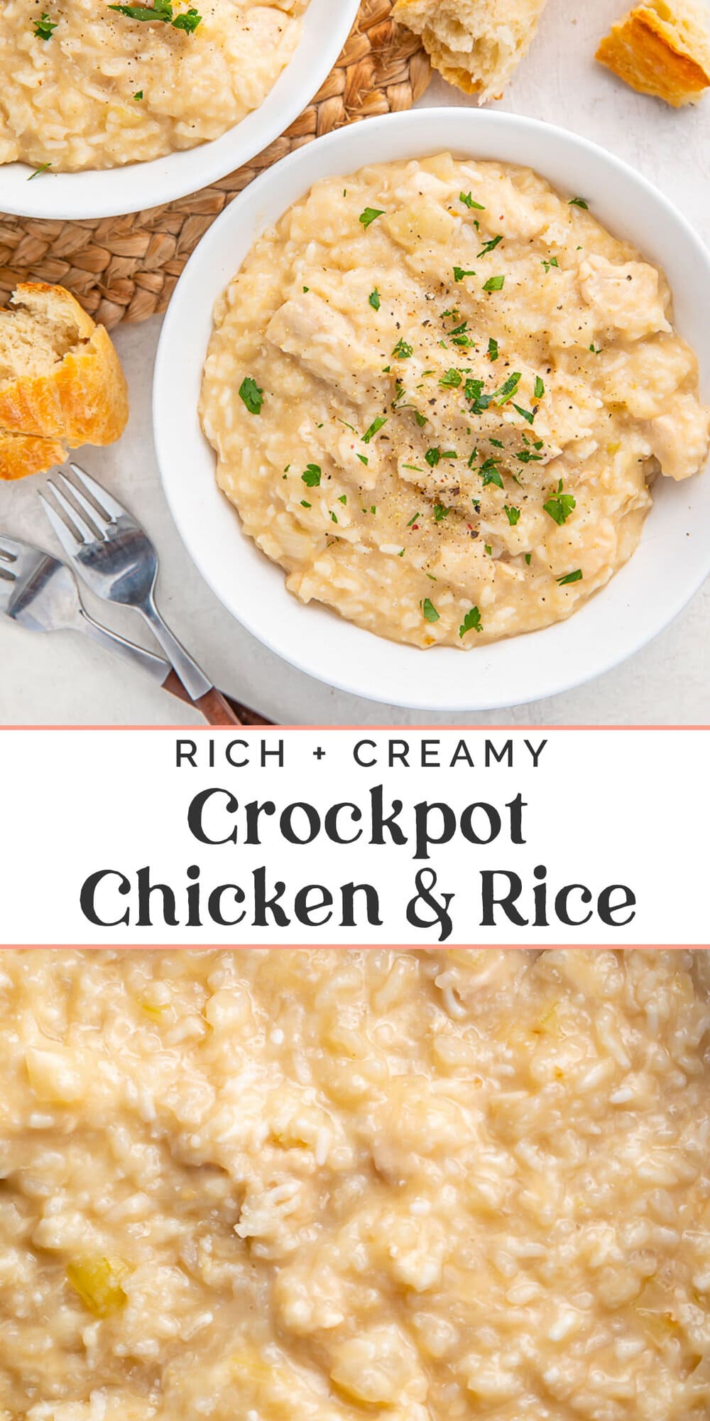 Pin graphic for Crockpot chicken and rice.