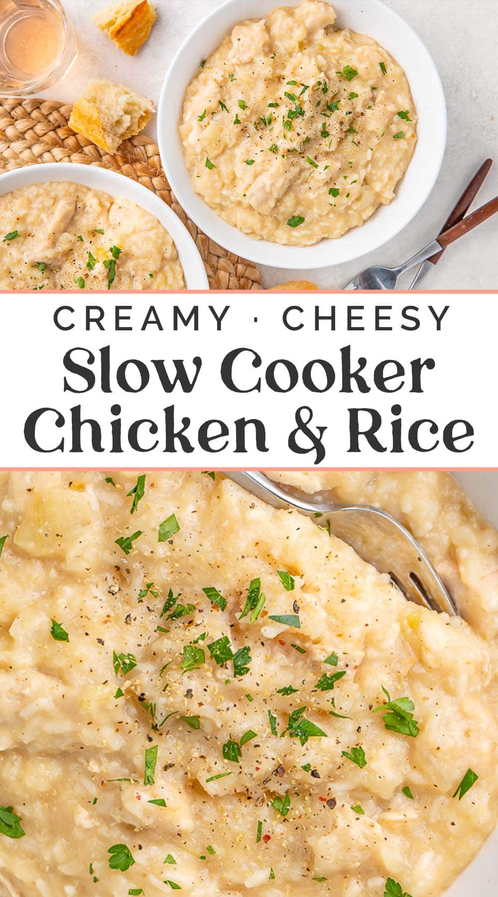 Pin graphic for Crockpot chicken and rice.