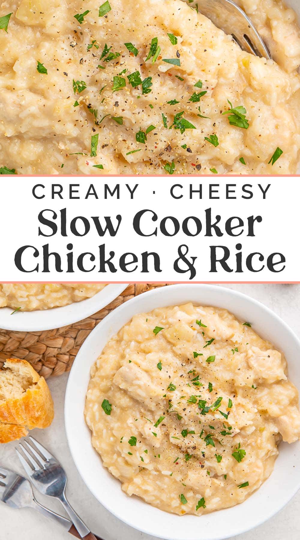 Pin graphic for Crockpot chicken and rice.