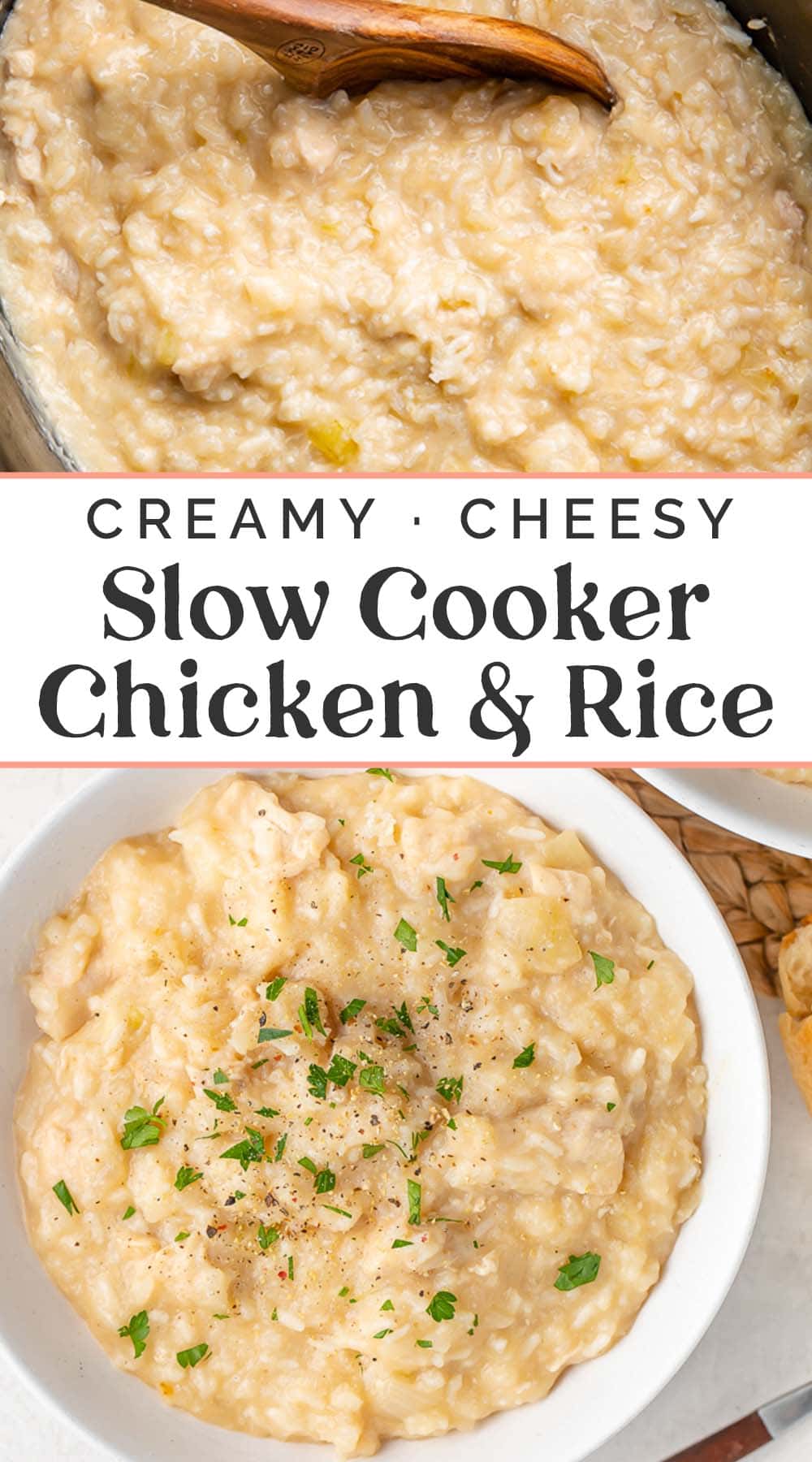 Pin graphic for Crockpot chicken and rice.