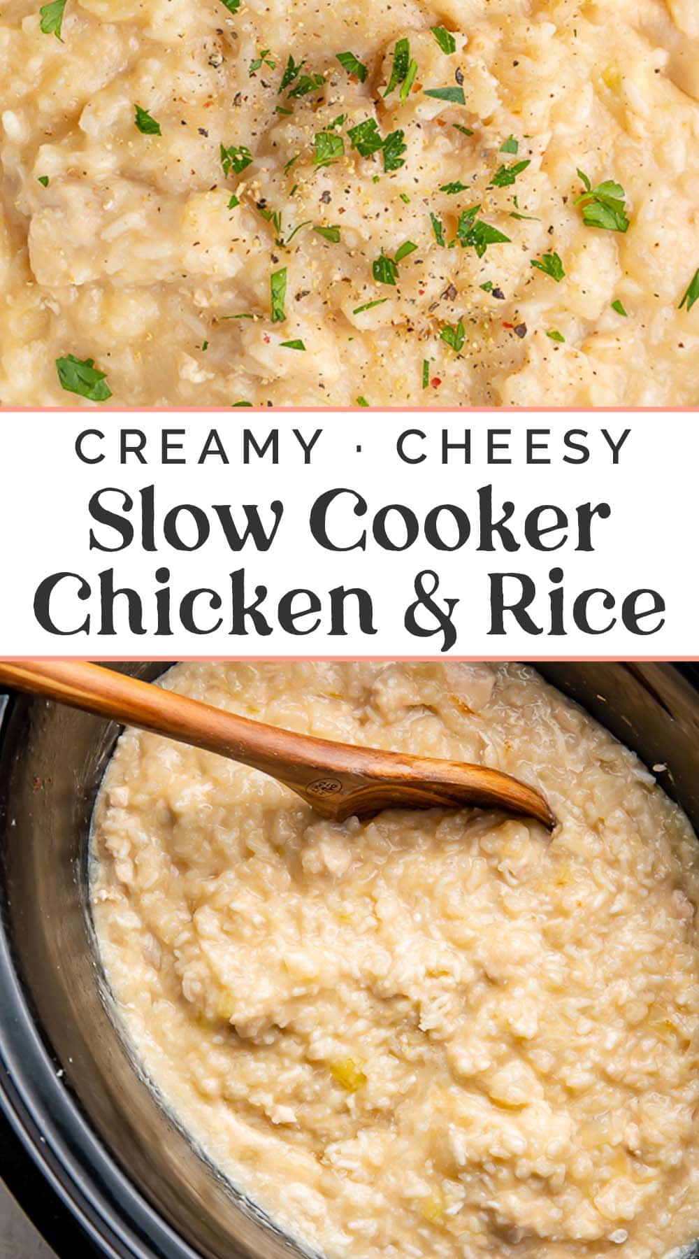 Pin graphic for Crockpot chicken and rice.