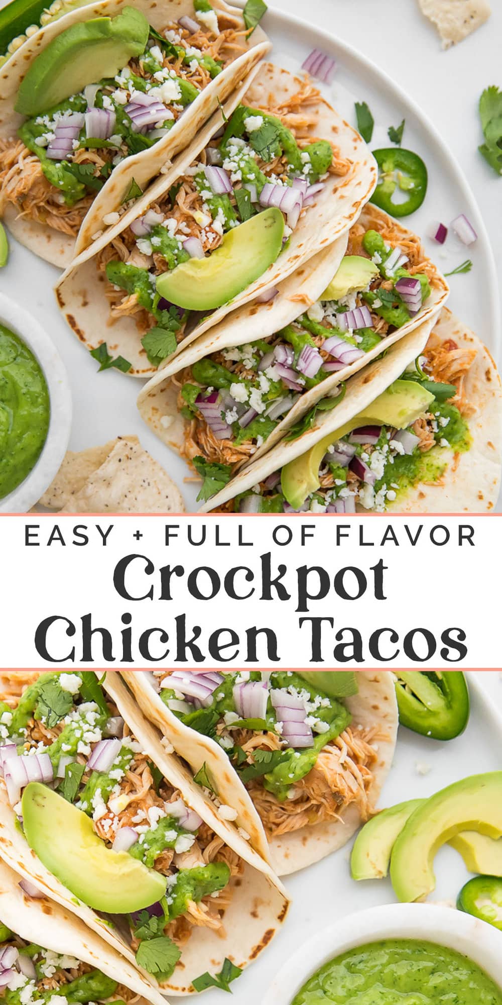 Pin graphic for Crockpot chicken tacos.