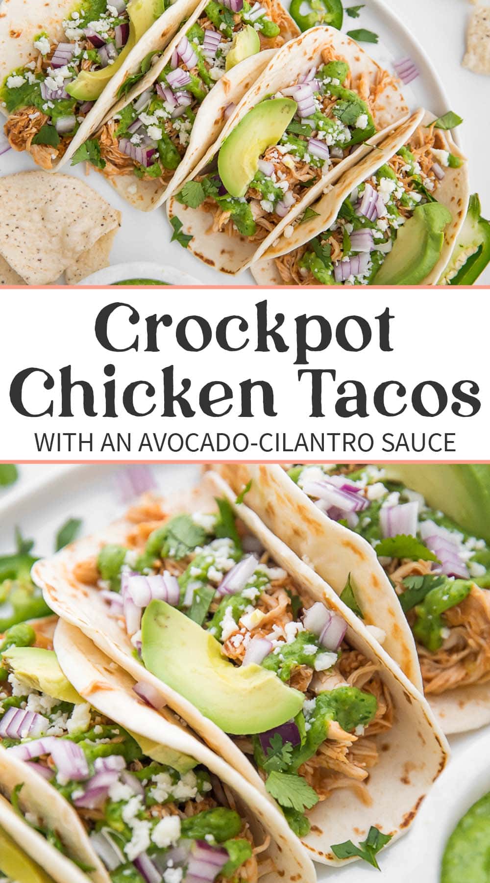 Pin graphic for Crockpot chicken tacos.