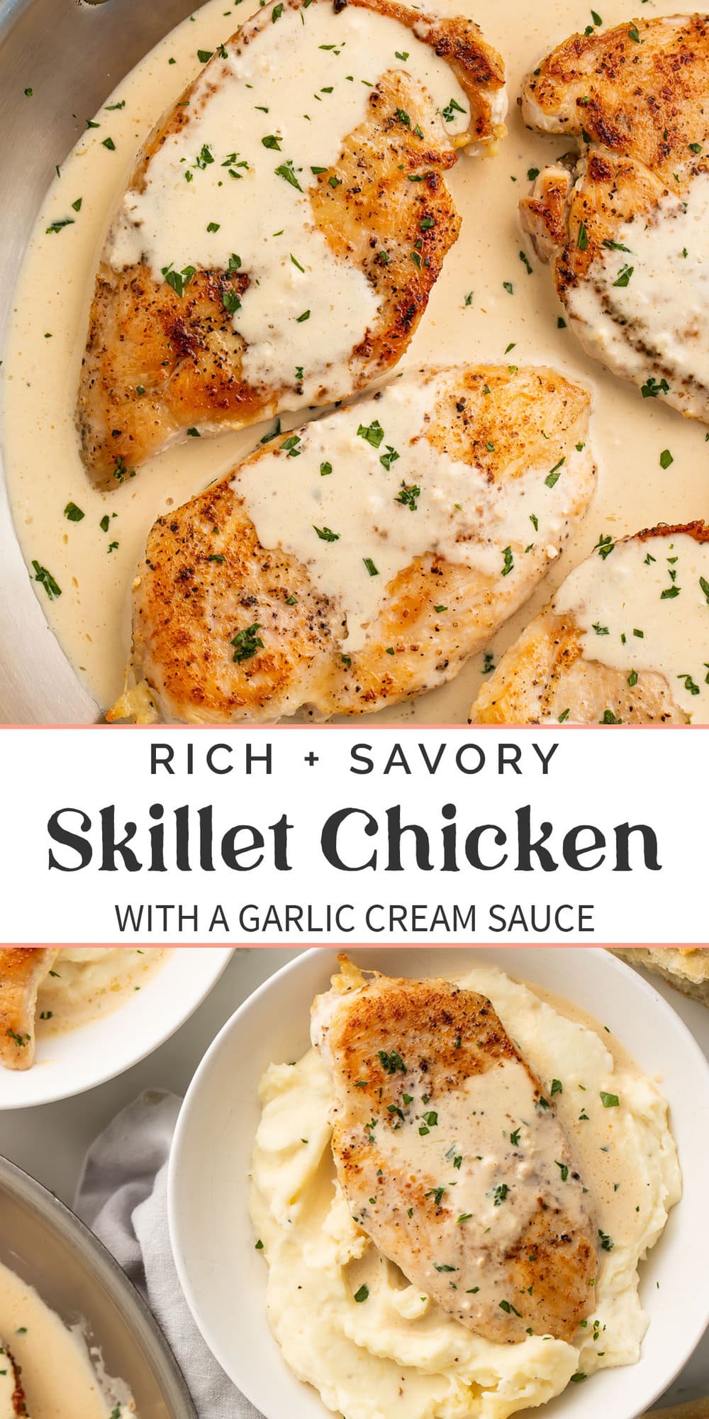 Pin graphic for garlic cream cheese skillet chicken.