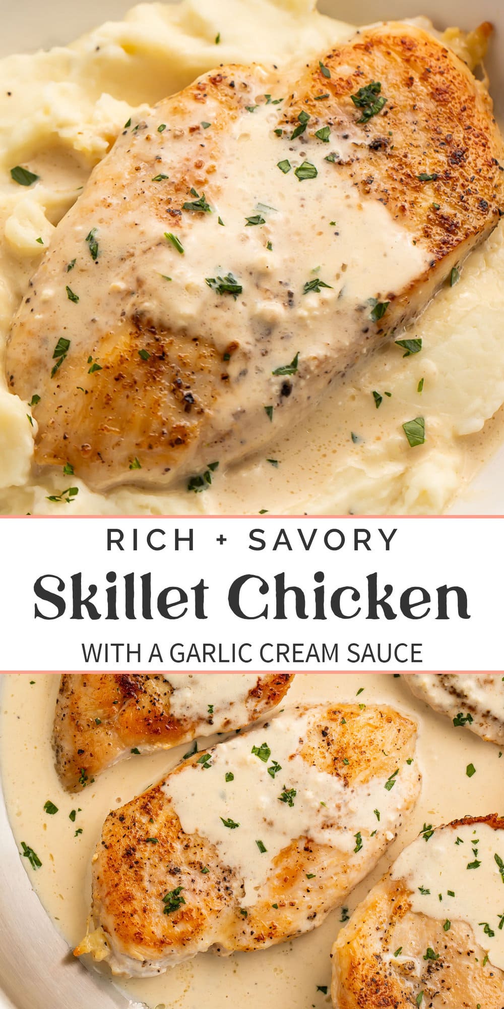 Pin graphic for garlic cream cheese skillet chicken.