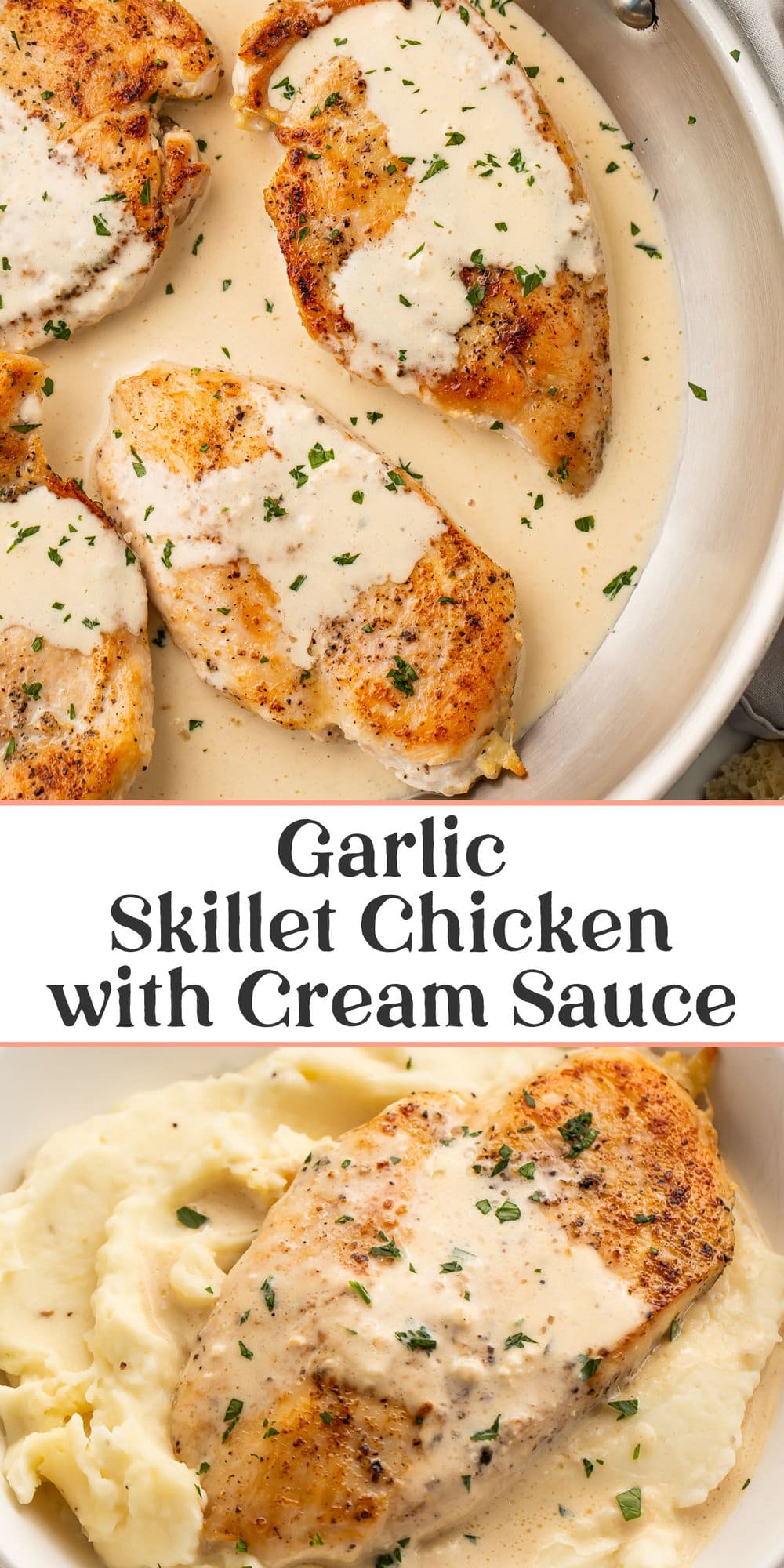 Pin graphic for garlic cream cheese skillet chicken.