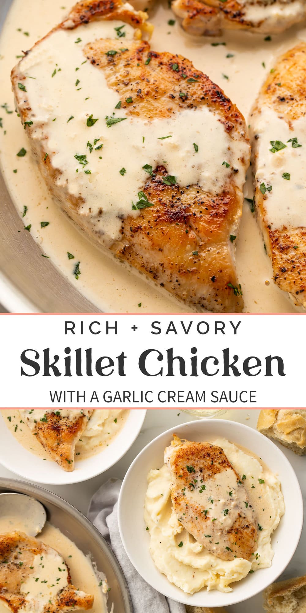 Pin graphic for garlic cream cheese skillet chicken.