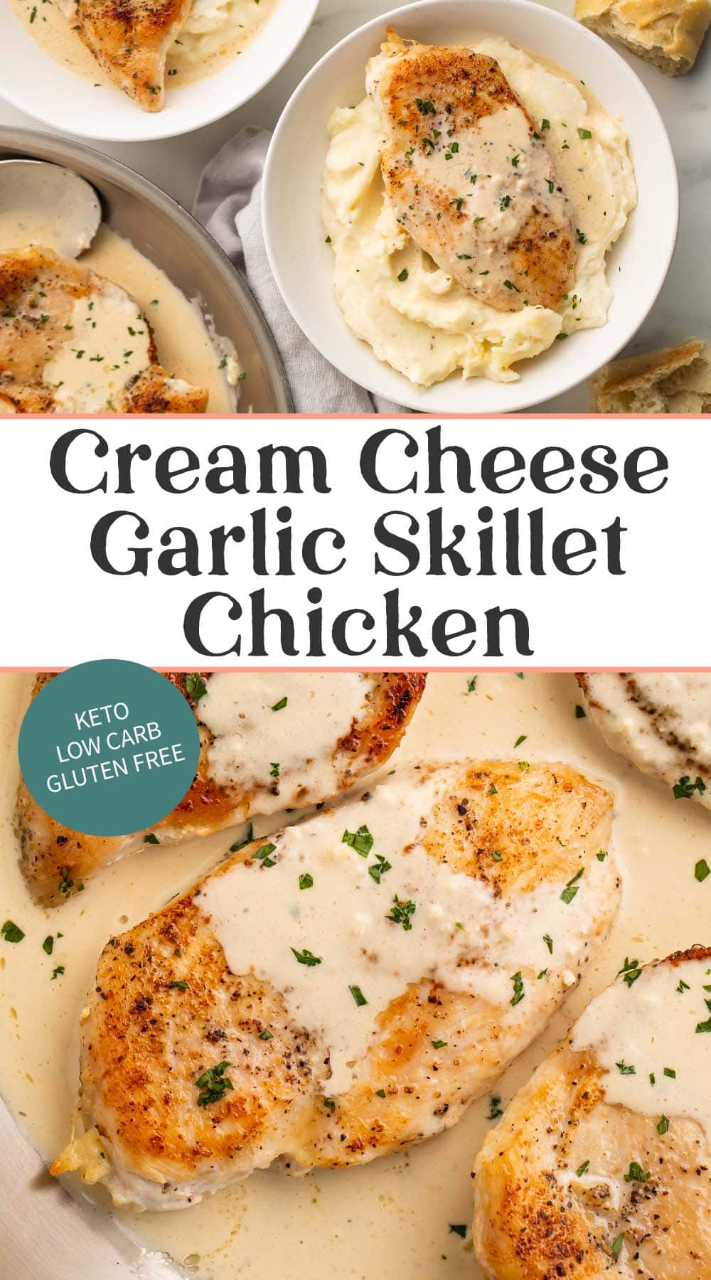 Pin graphic for garlic cream cheese skillet chicken.