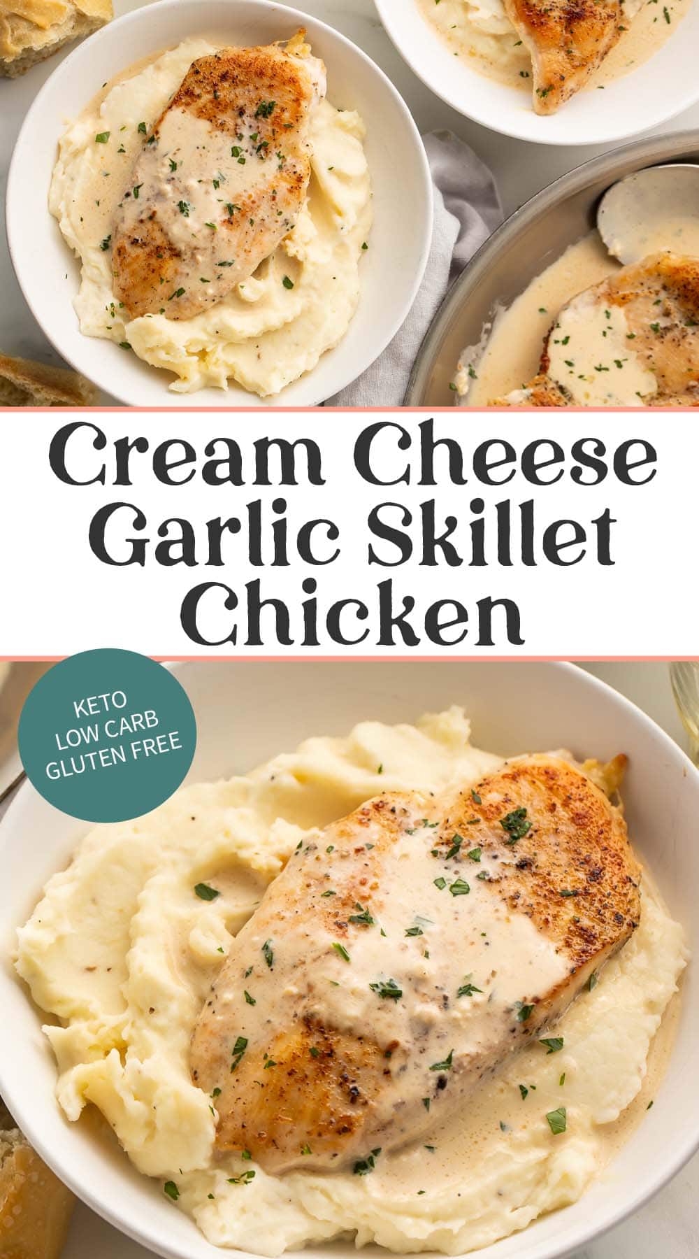 Pin graphic for garlic cream cheese skillet chicken.