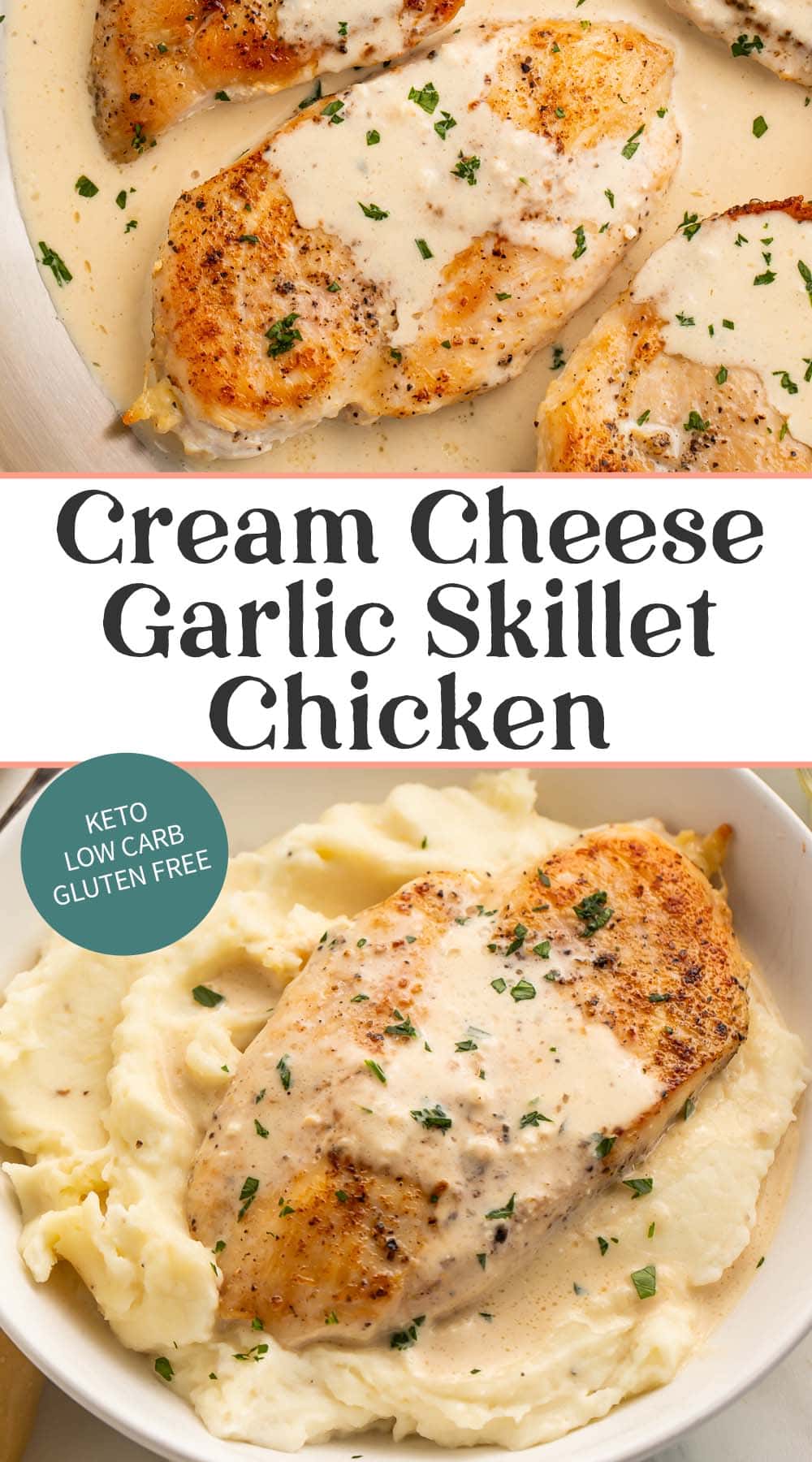 Pin graphic for garlic cream cheese skillet chicken.