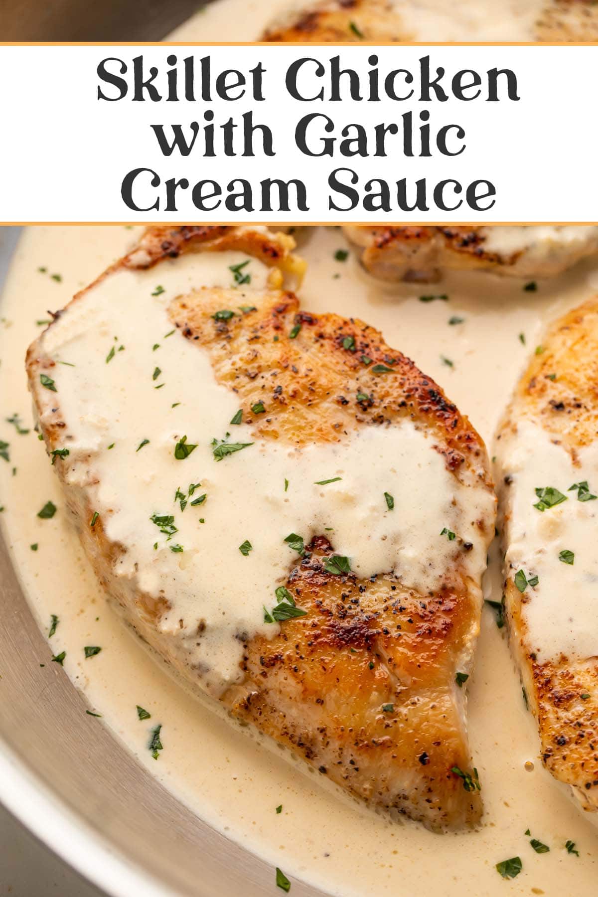 Pin graphic for garlic cream cheese skillet chicken.