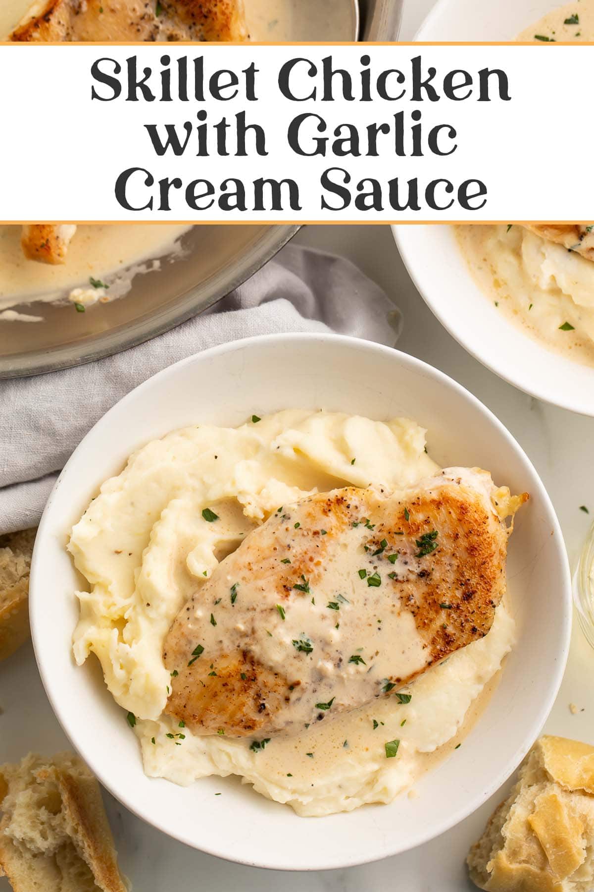 Pin graphic for garlic cream cheese skillet chicken.