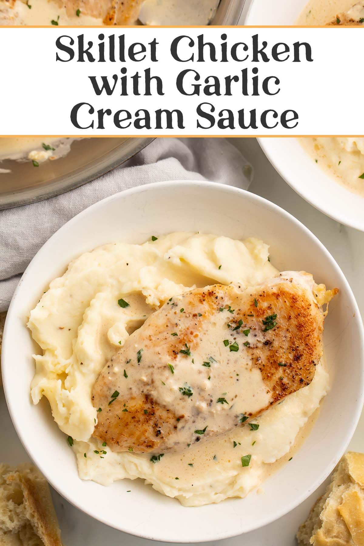 Pin graphic for garlic cream cheese skillet chicken.