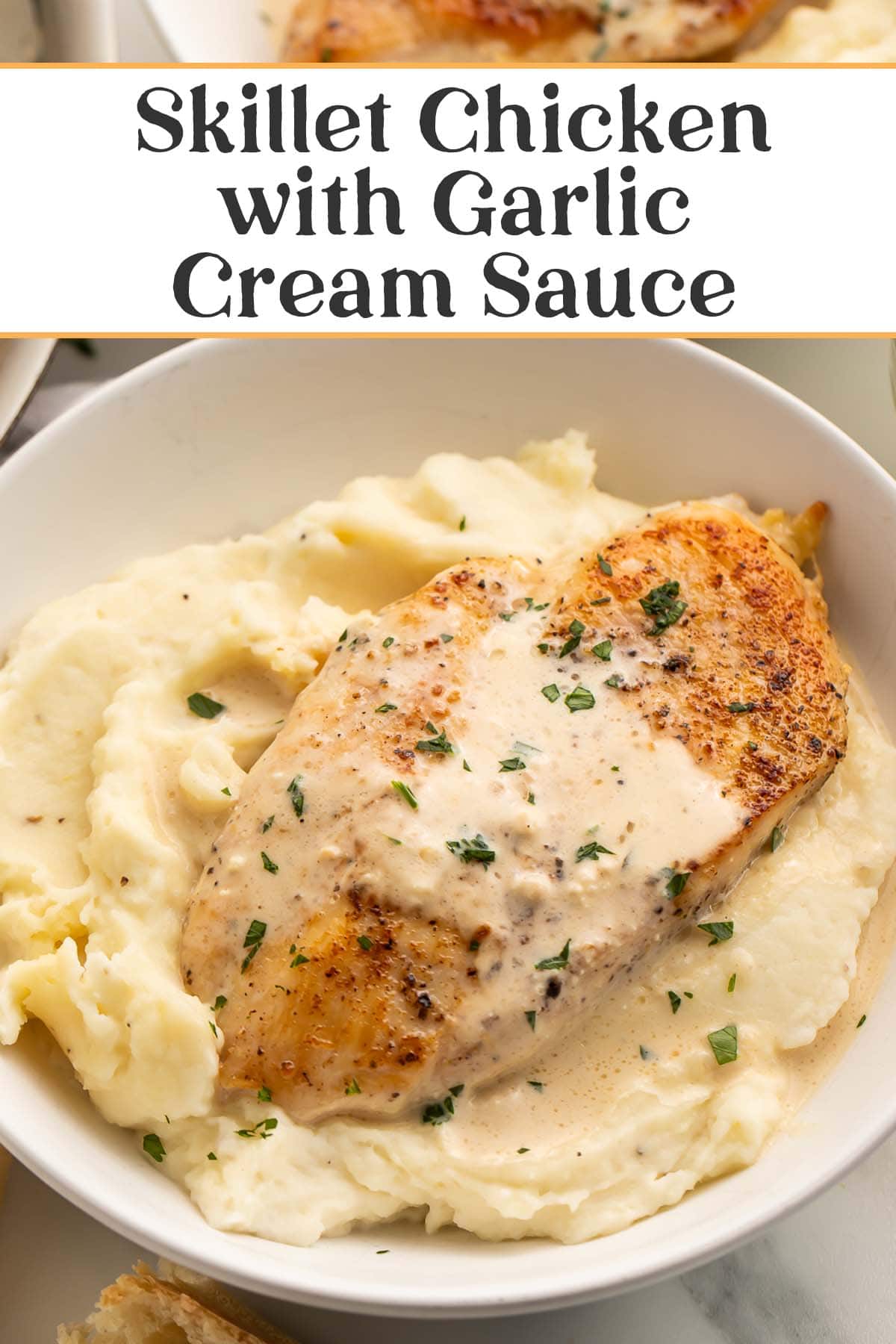 Pin graphic for garlic cream cheese skillet chicken.