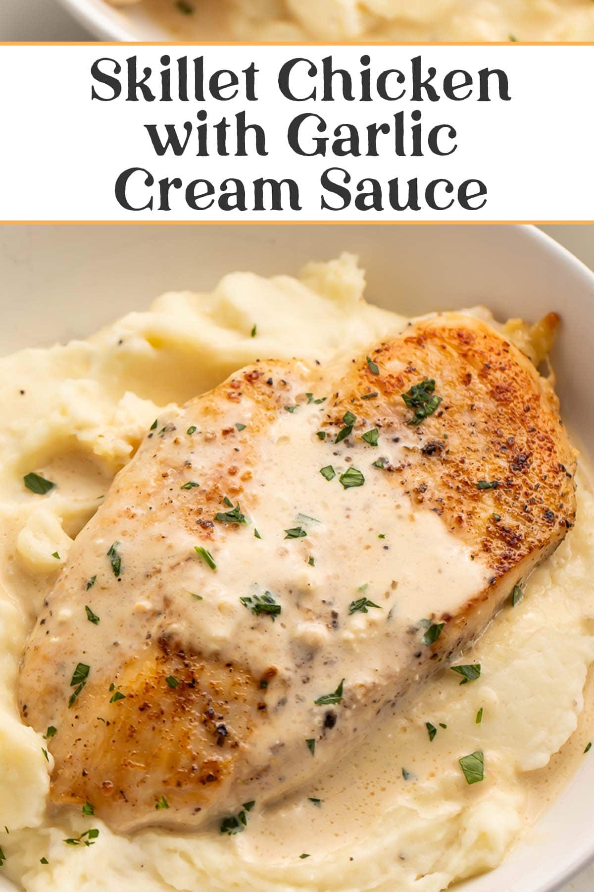 Pin graphic for garlic cream cheese skillet chicken.