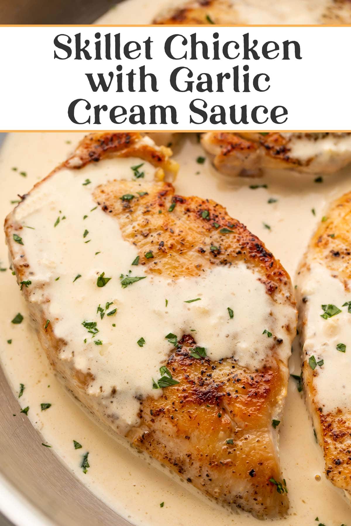 Pin graphic for garlic cream cheese skillet chicken.