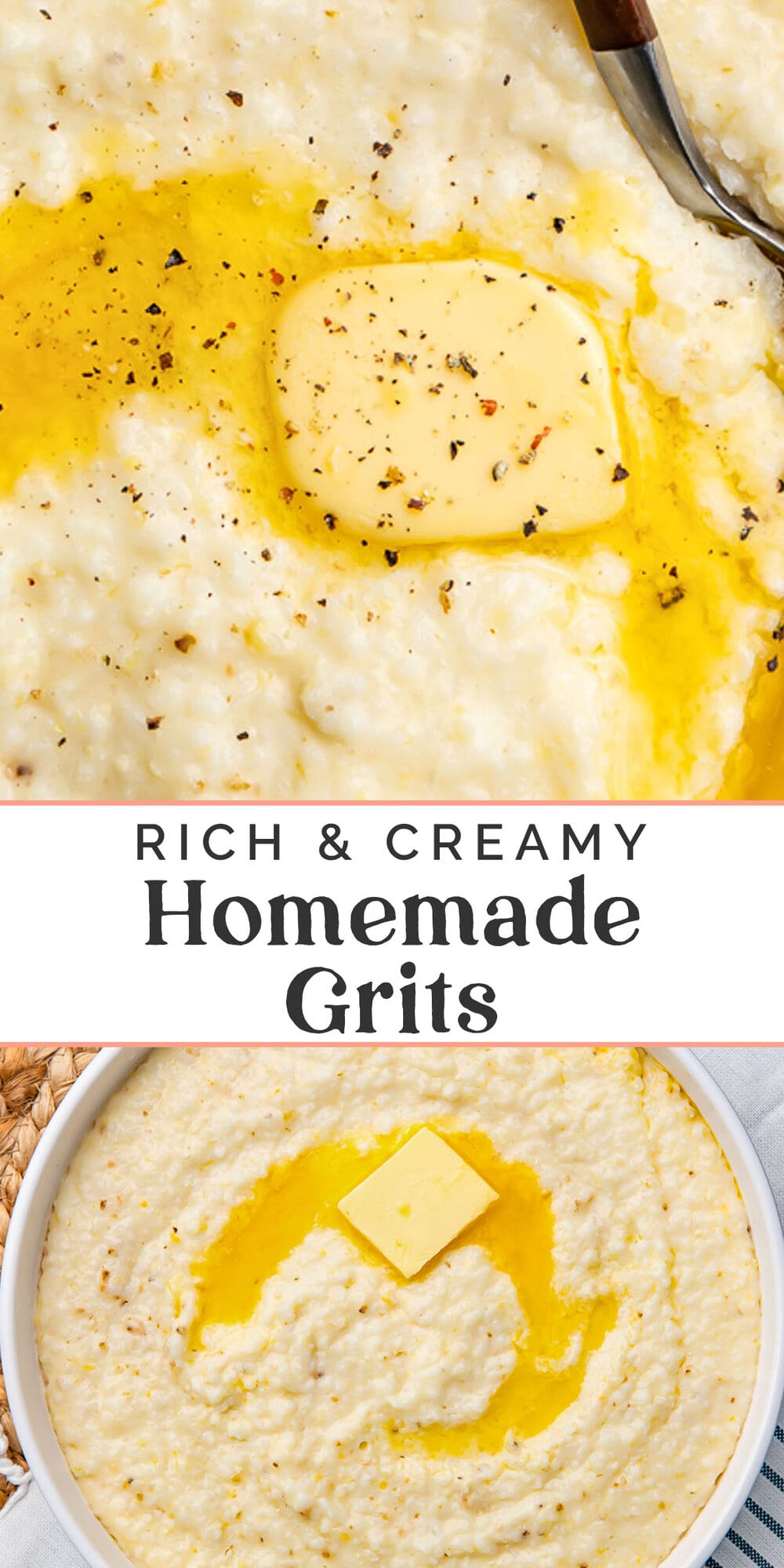 Pin graphic for creamy grits recipe.