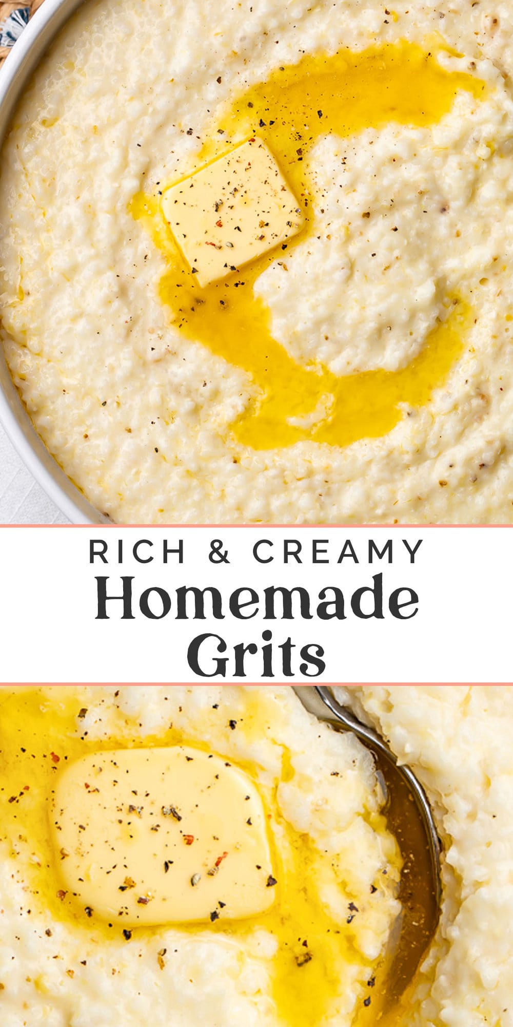 Pin graphic for creamy grits recipe.