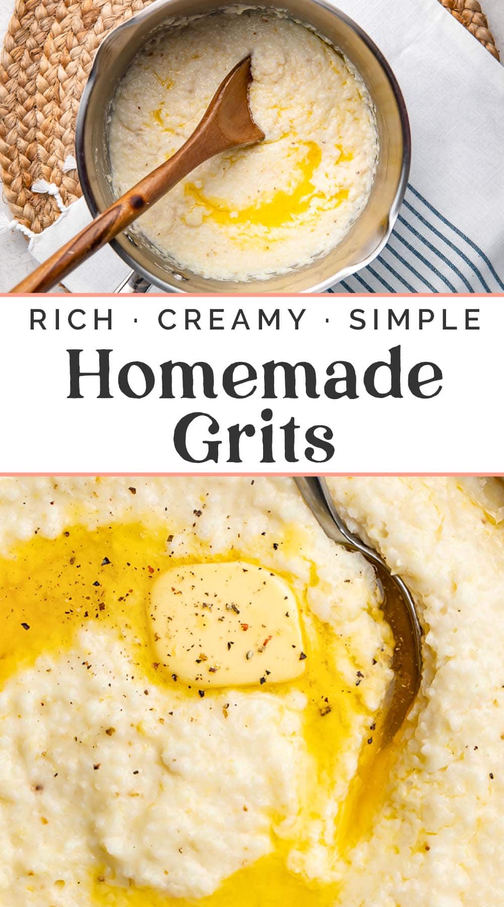 Pin graphic for creamy grits recipe.