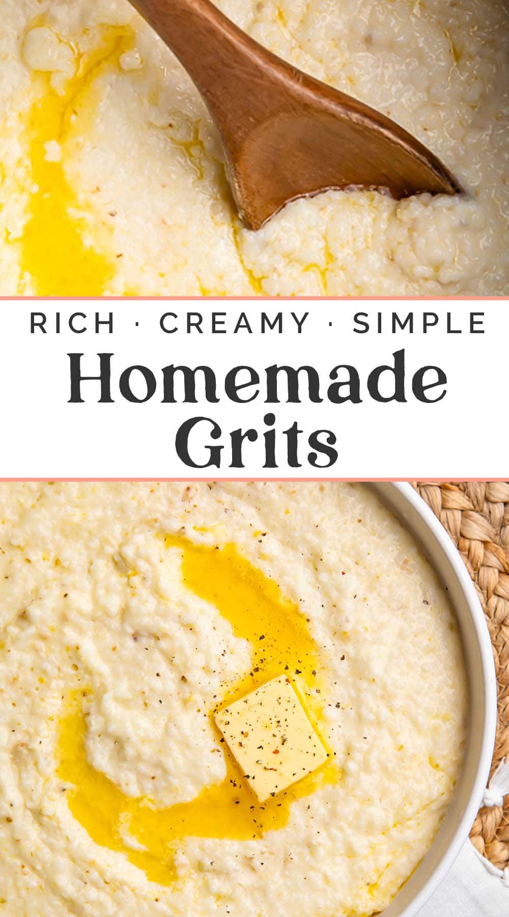 Pin graphic for creamy grits recipe.