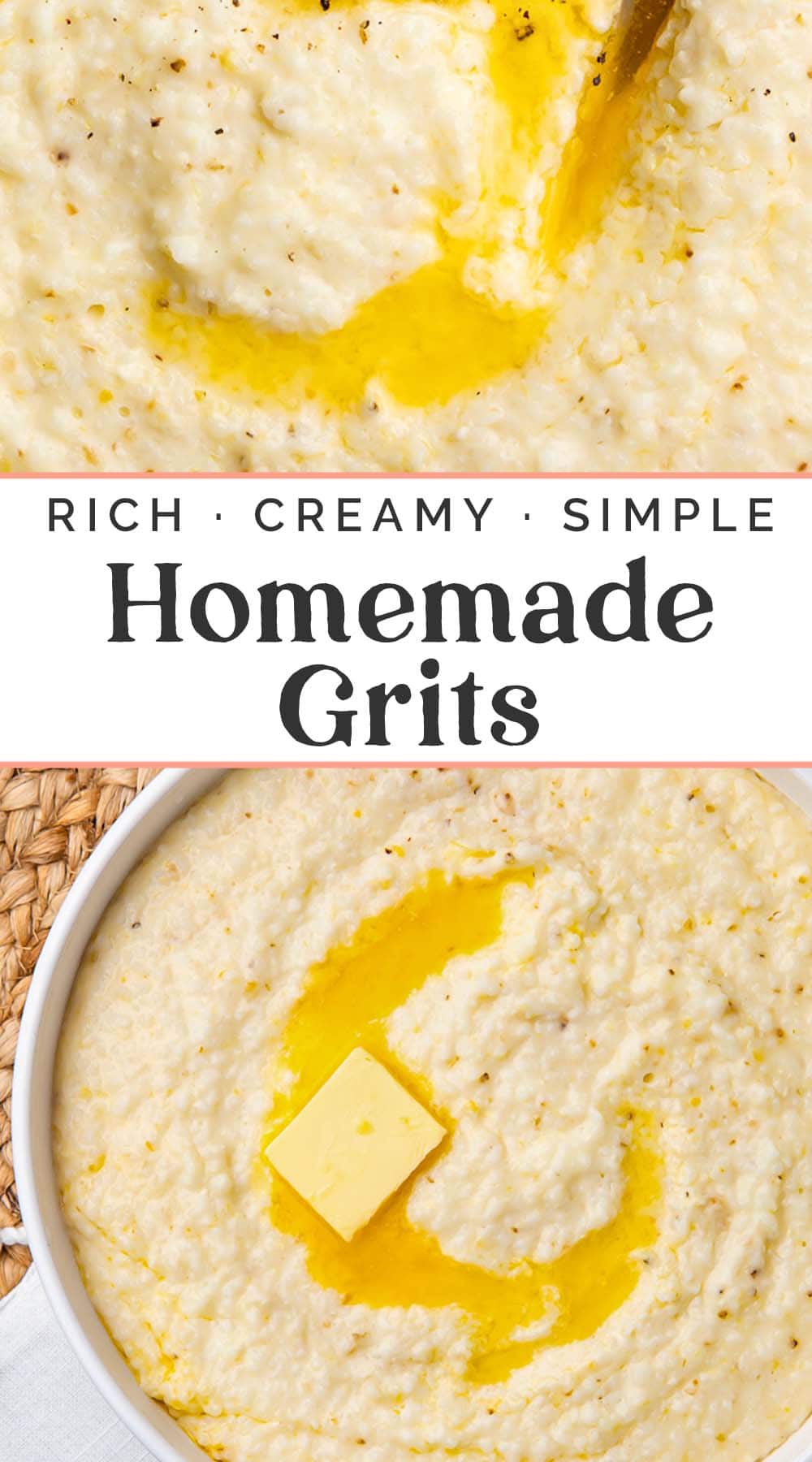 Pin graphic for creamy grits recipe.