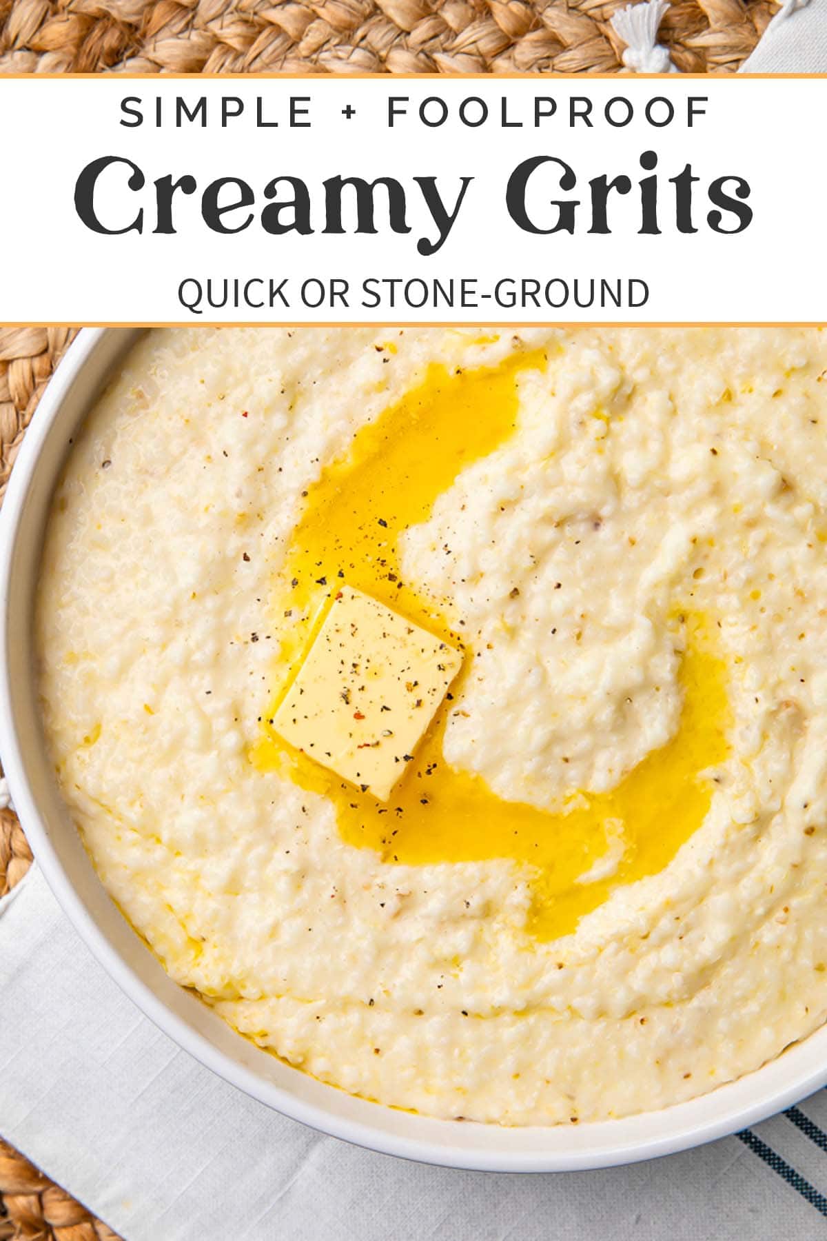 Pin graphic for creamy grits recipe.